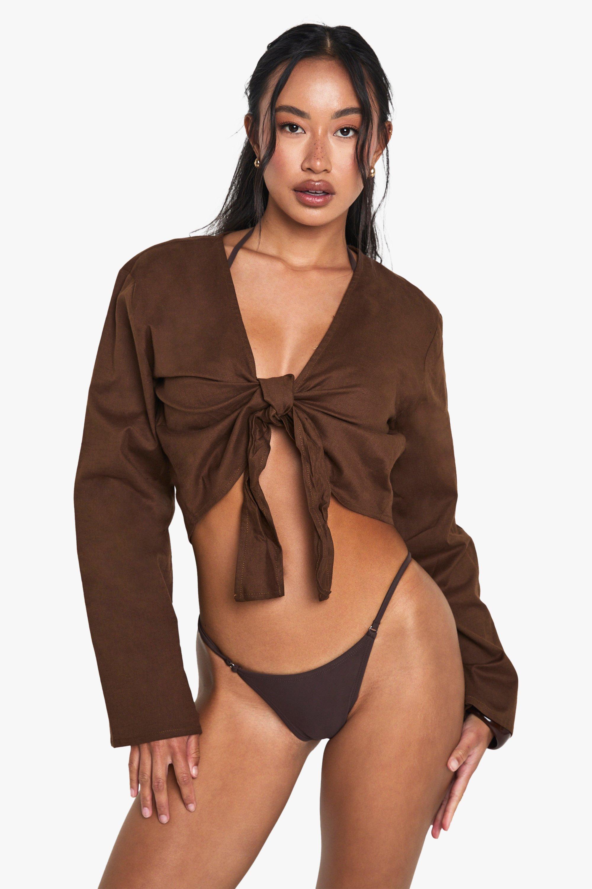 Image of Linen Tie Front Beach Top, Brown