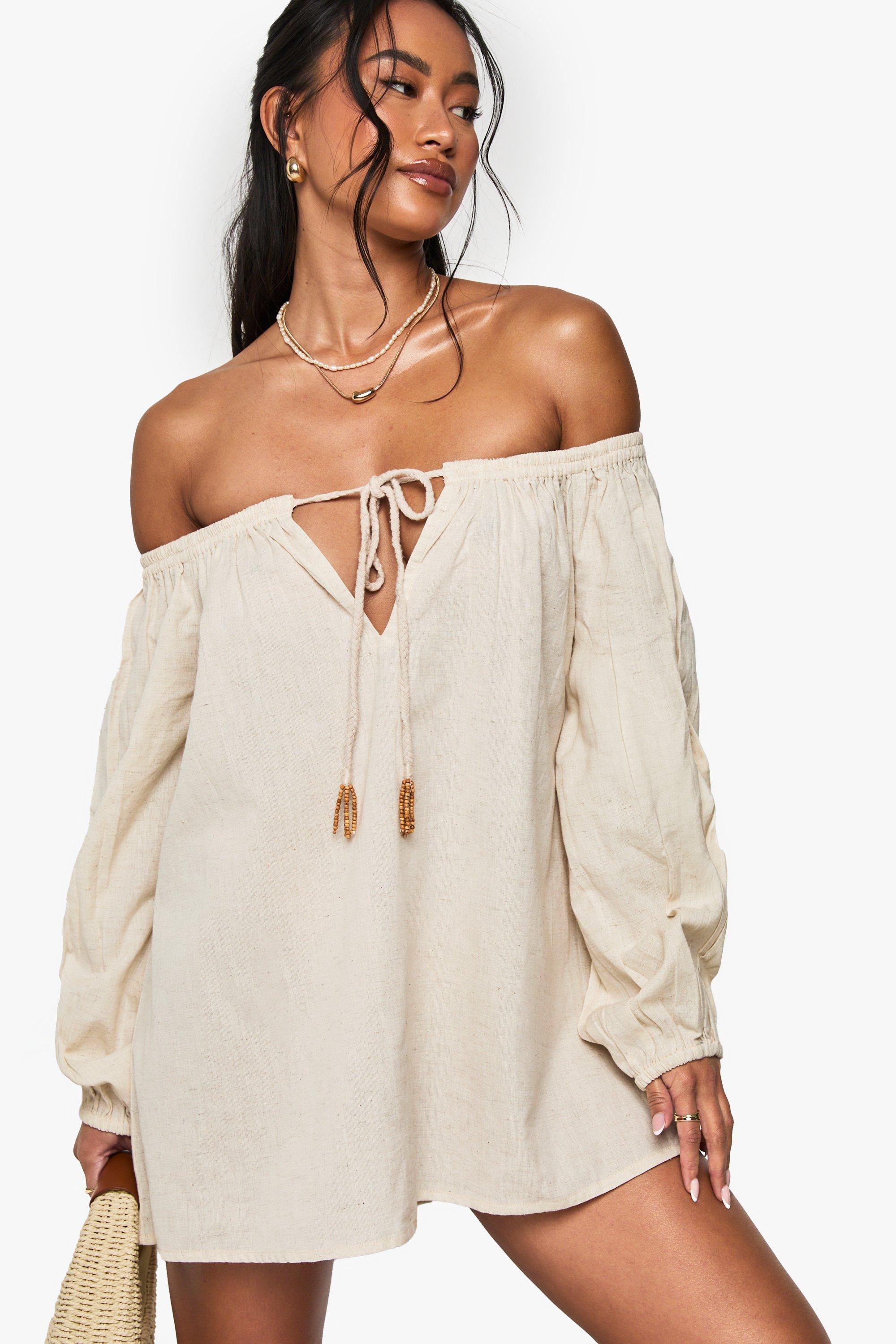 Boohoo Linen Beaded Bardot Beach Dress, Ecru