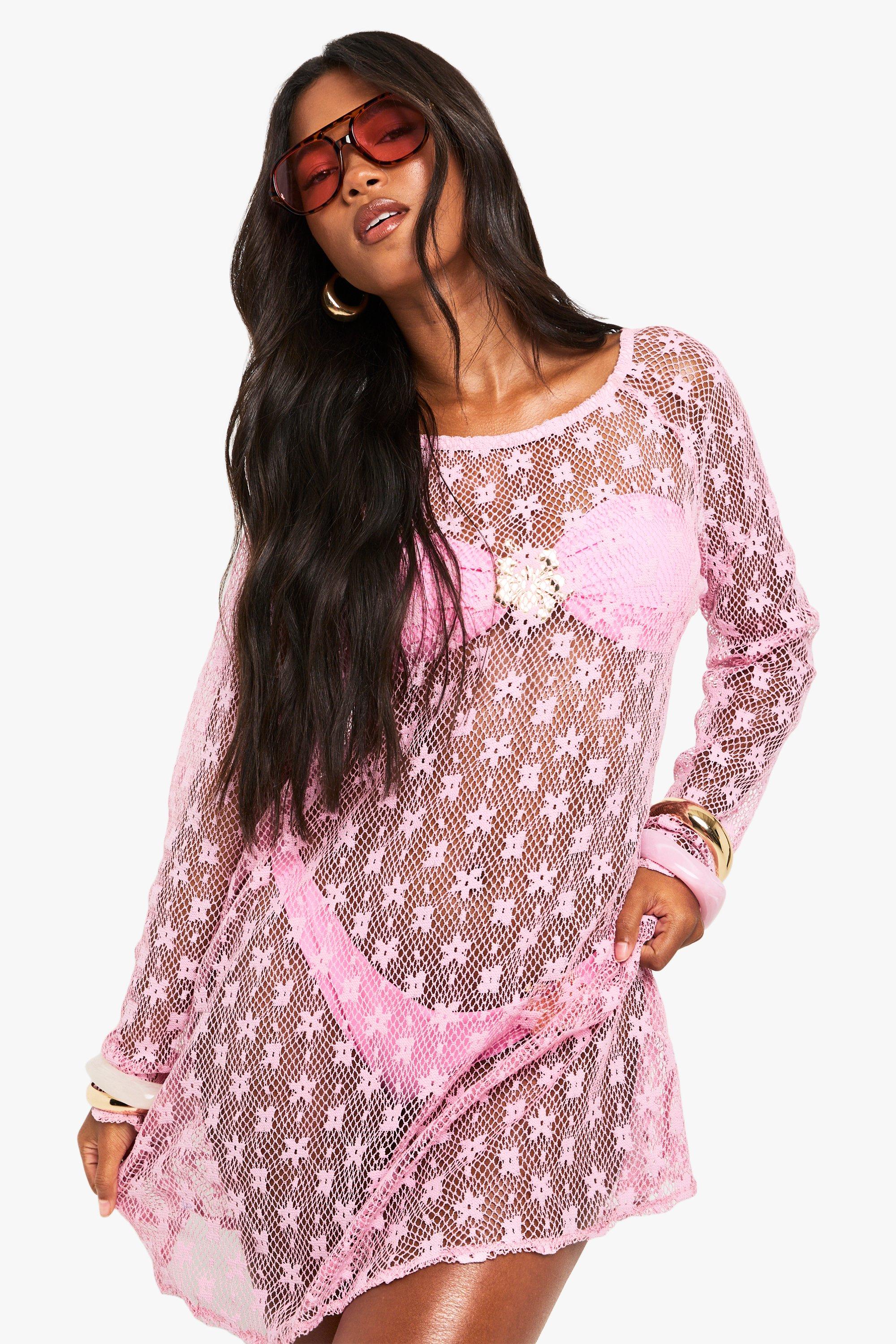 Boohoo Floral Fishnet Beach Dress, Pink
