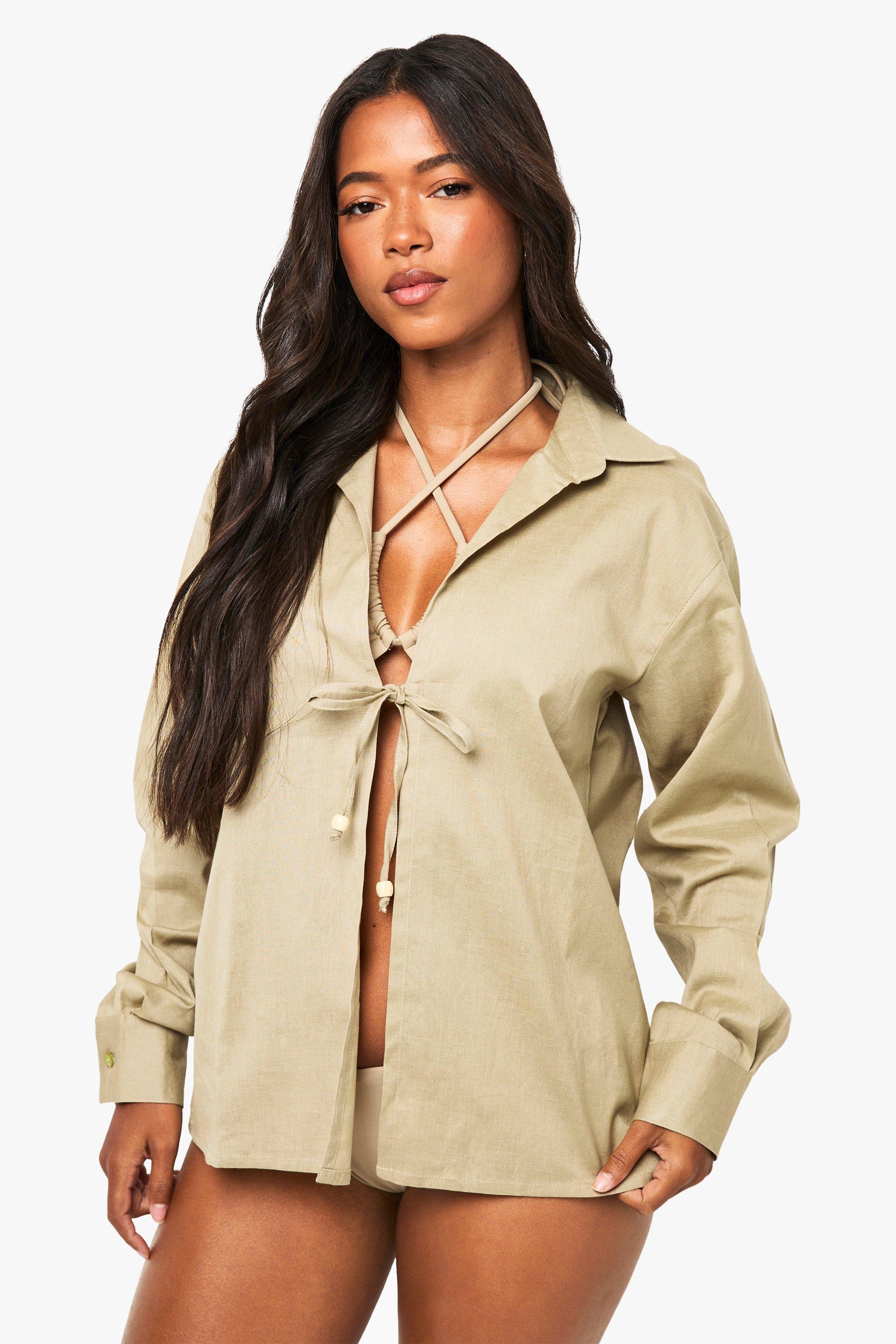 Image of Cotton Beaded Beach Shirt, Verde
