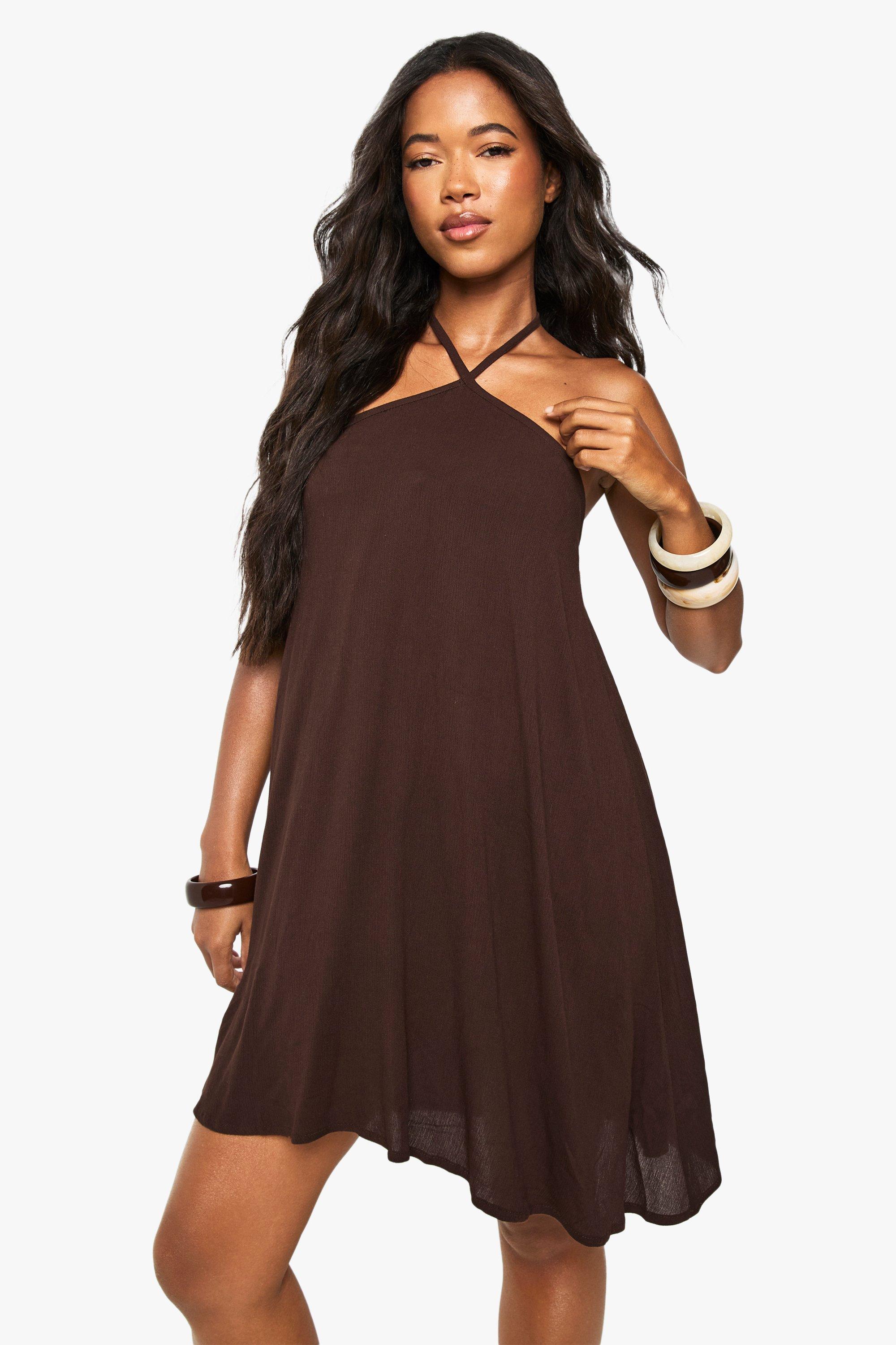 Boohoo Cheesecloth Halter Mini Beach Dress, Chocolate