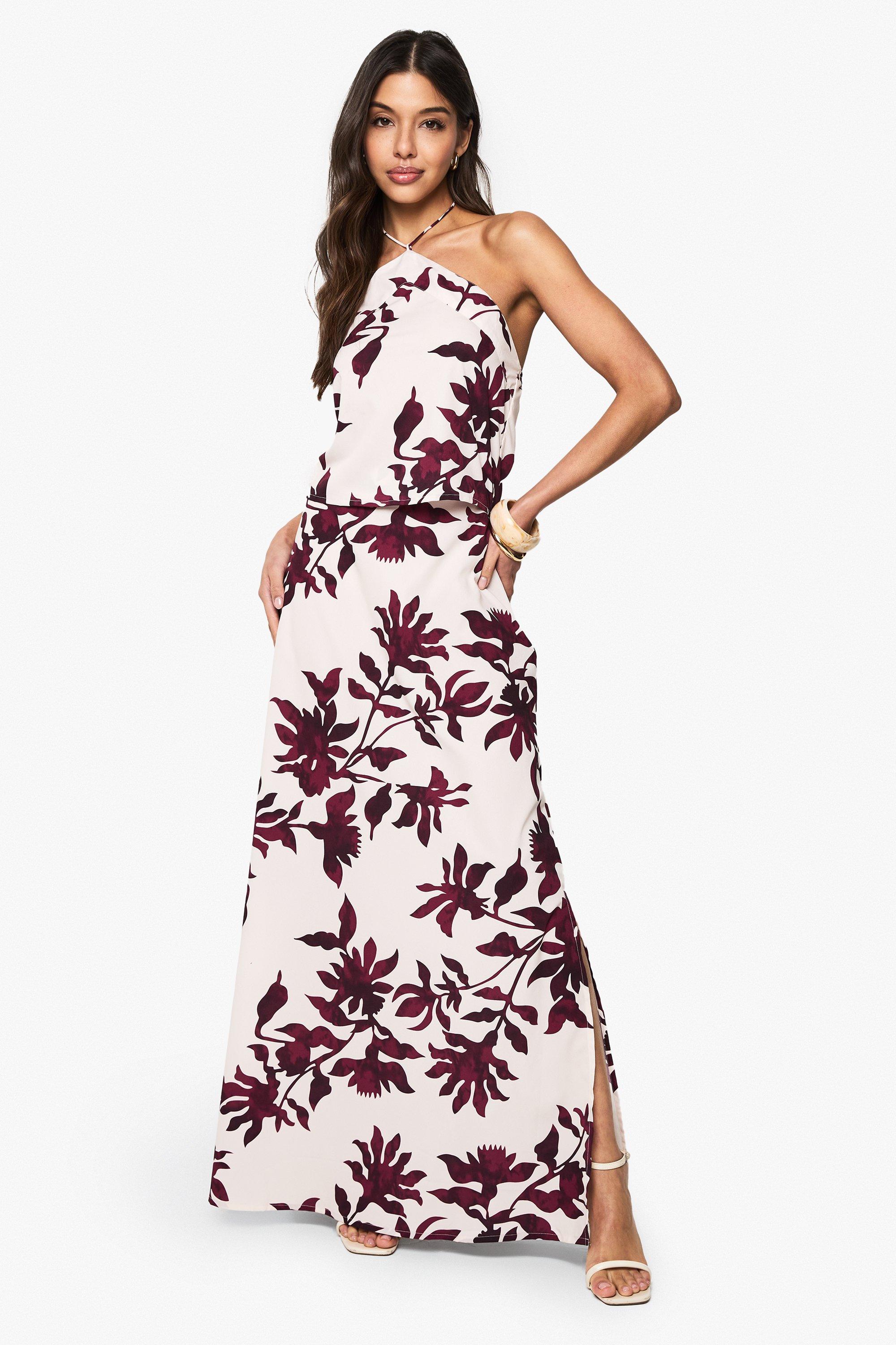Boohoo Geweven Bias Cut Bloemenprint Maxi Rok, Purple
