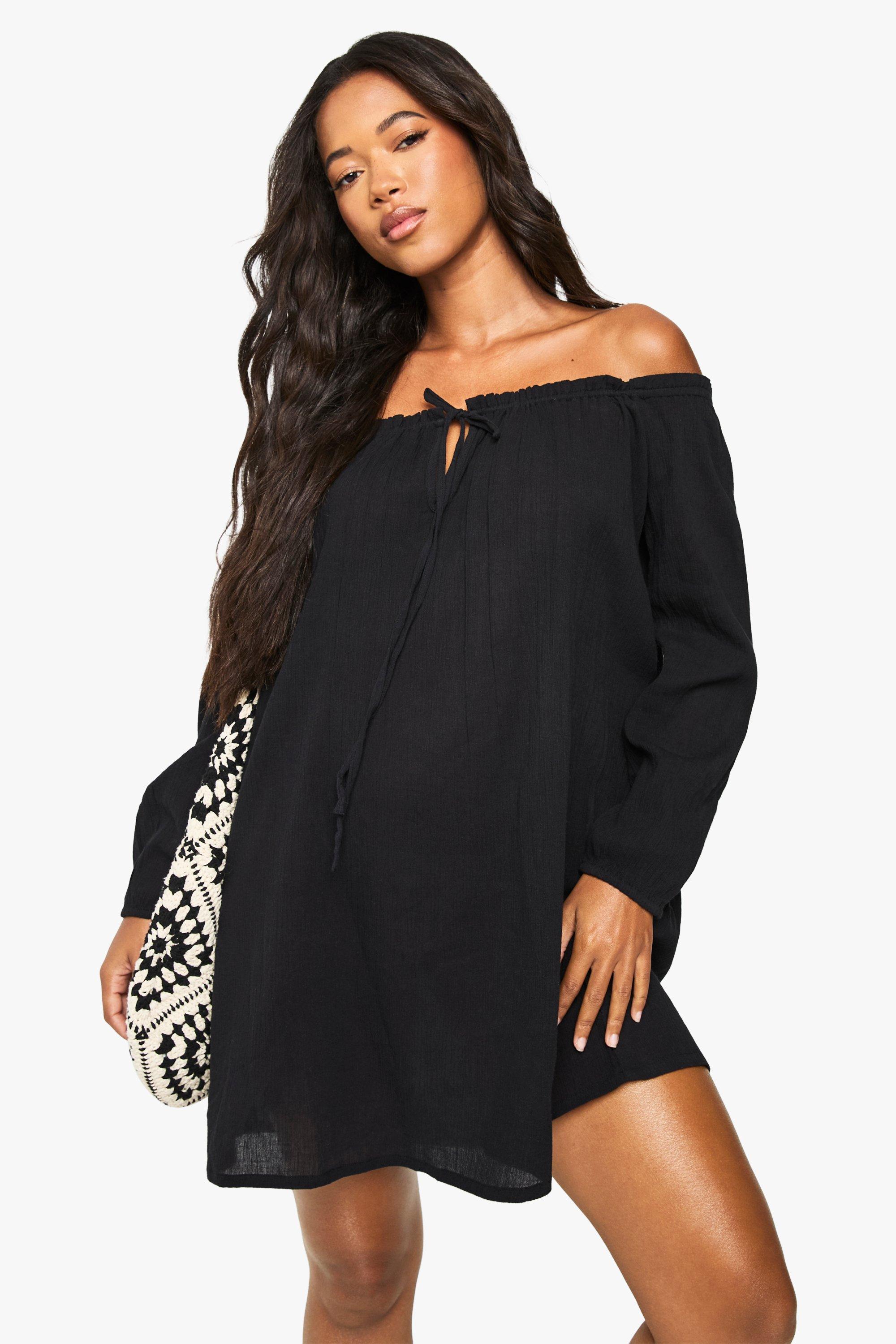 Boohoo Crinkle Cotton Beach Dress, Black