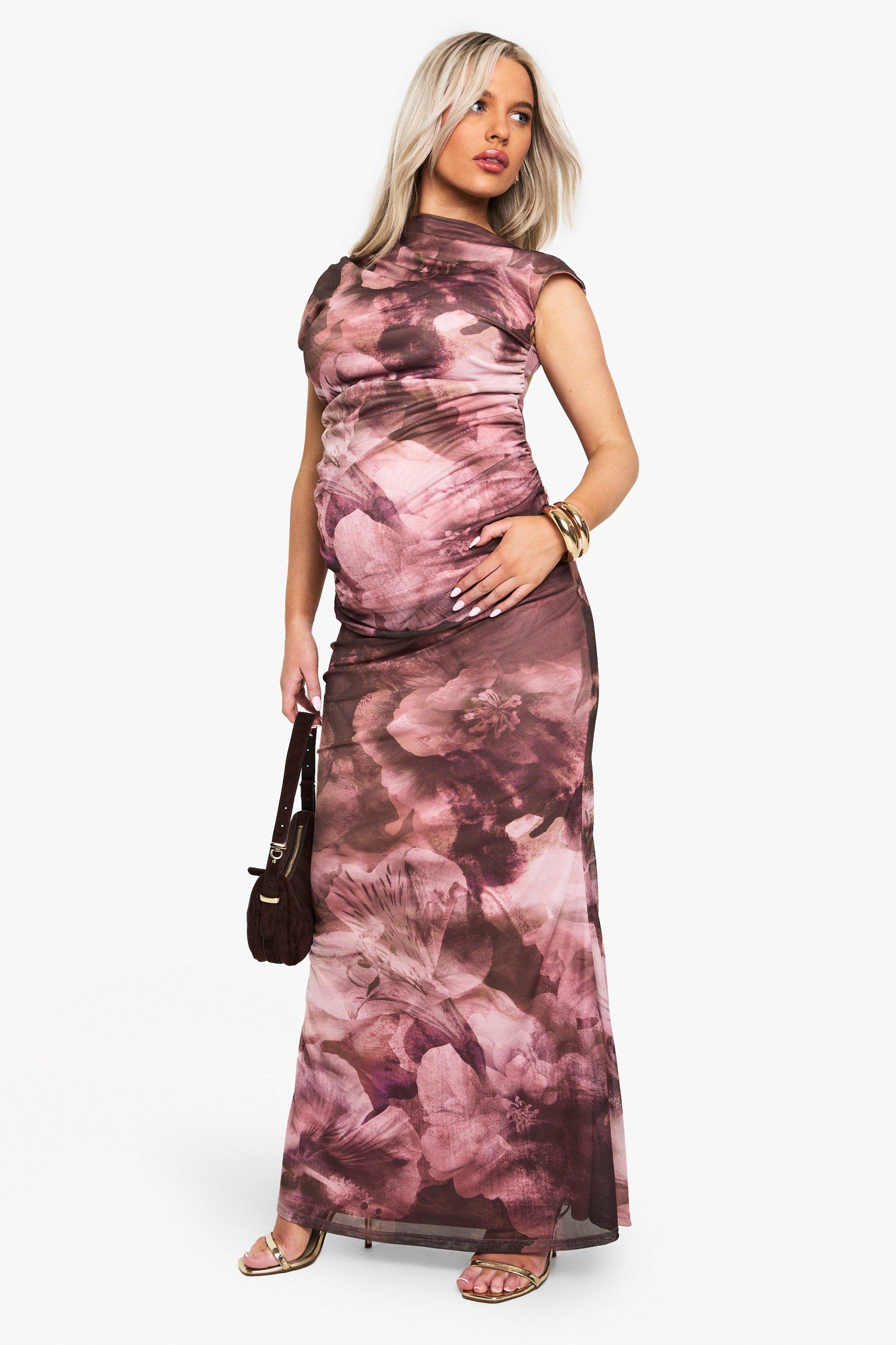 Boohoo Abstracte Mesh Maxi Jurk Met Ruches, Rose