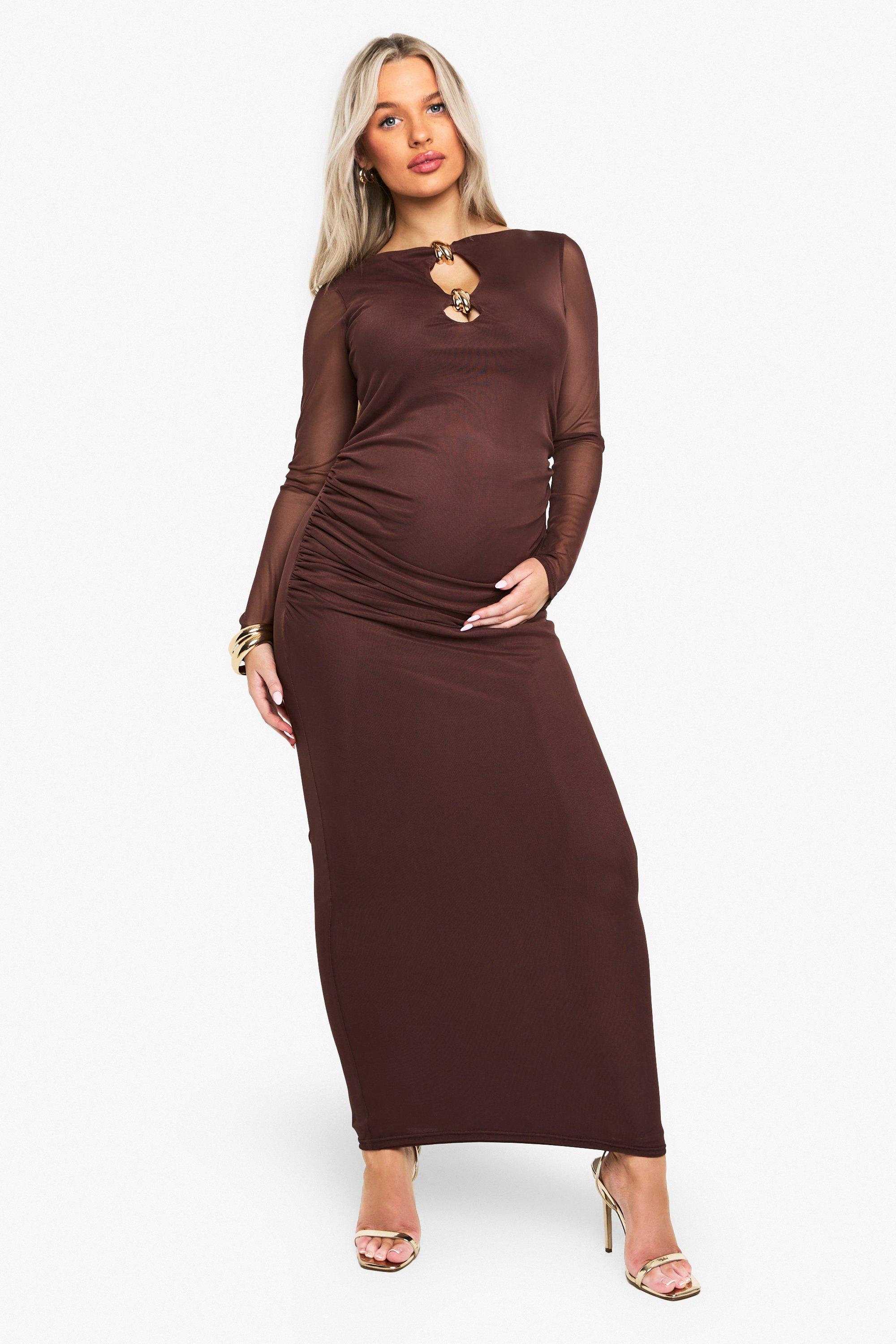 Boohoo Geplooide Maxi Jurk Met Zwangerschap Zoom, Chocolate