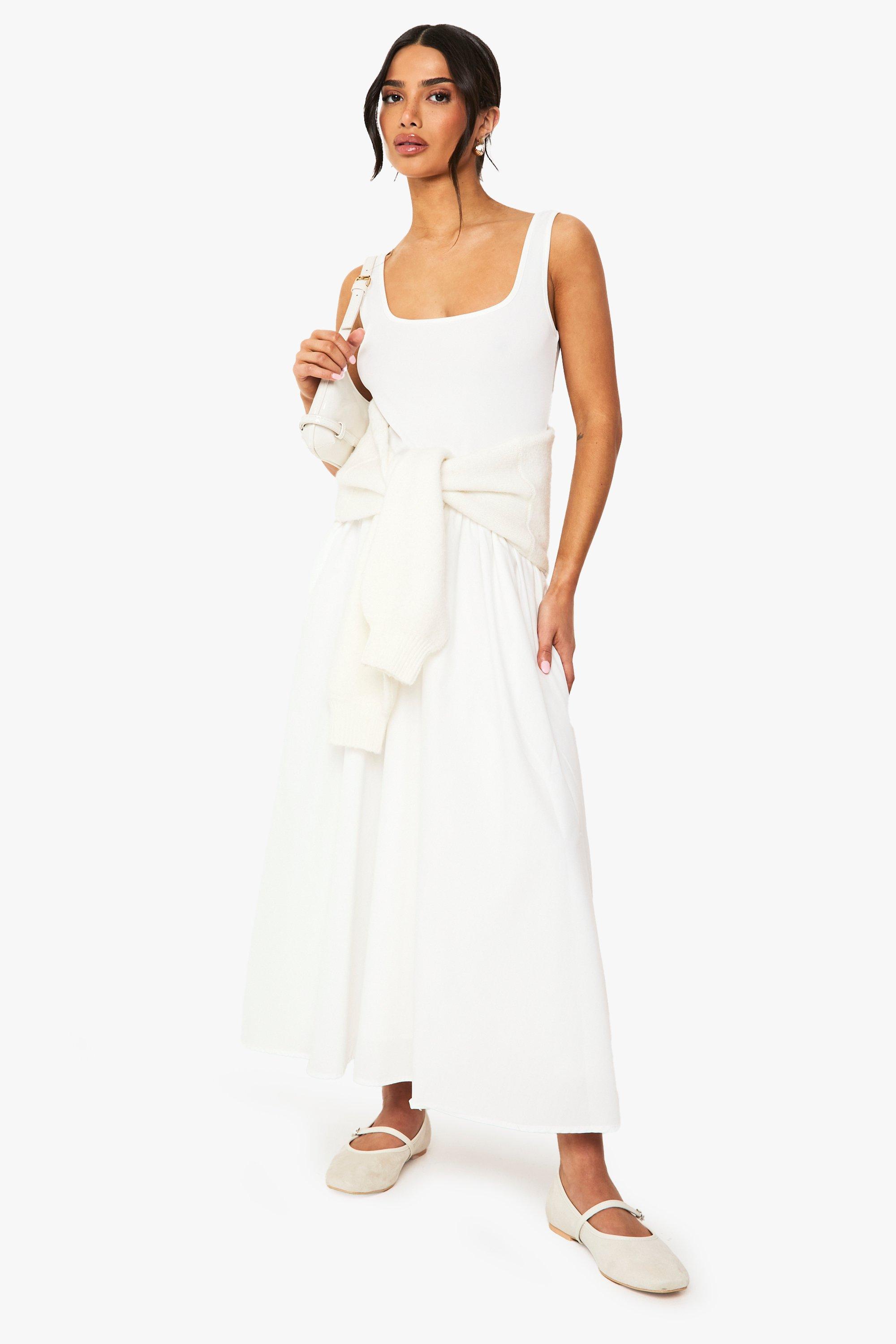 Boohoo Petite Stoffen Maxi Jurk Met Lage Ronde Hals, White