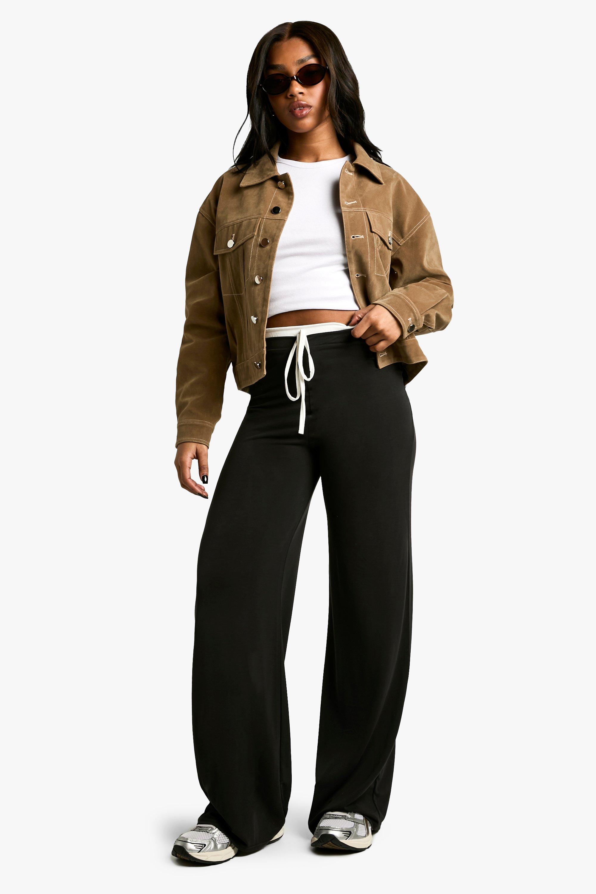 Image of Pantaloni a gamba ampia in jersey effetto vellutato con fascia in vita a vista, Nero