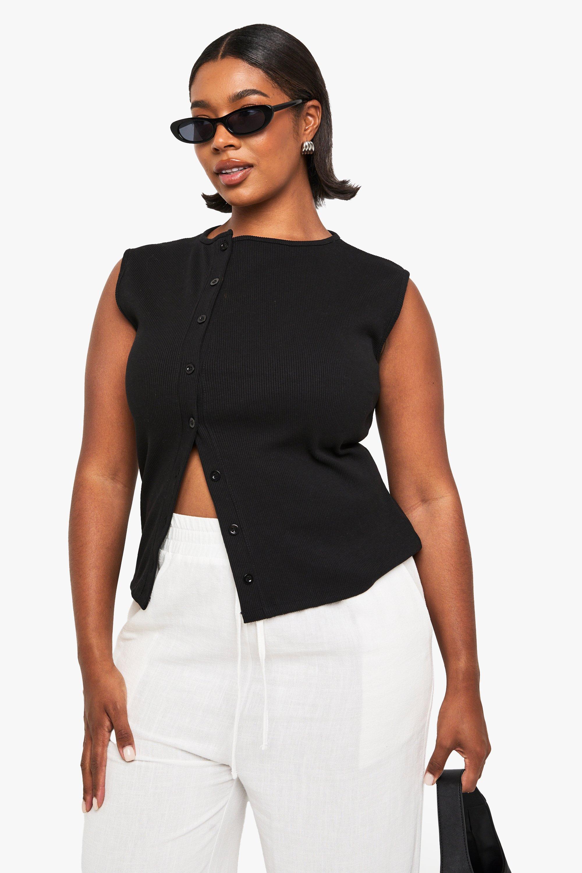 Image of Top smanicato Plus Size asimmetrico con bottoni, Nero