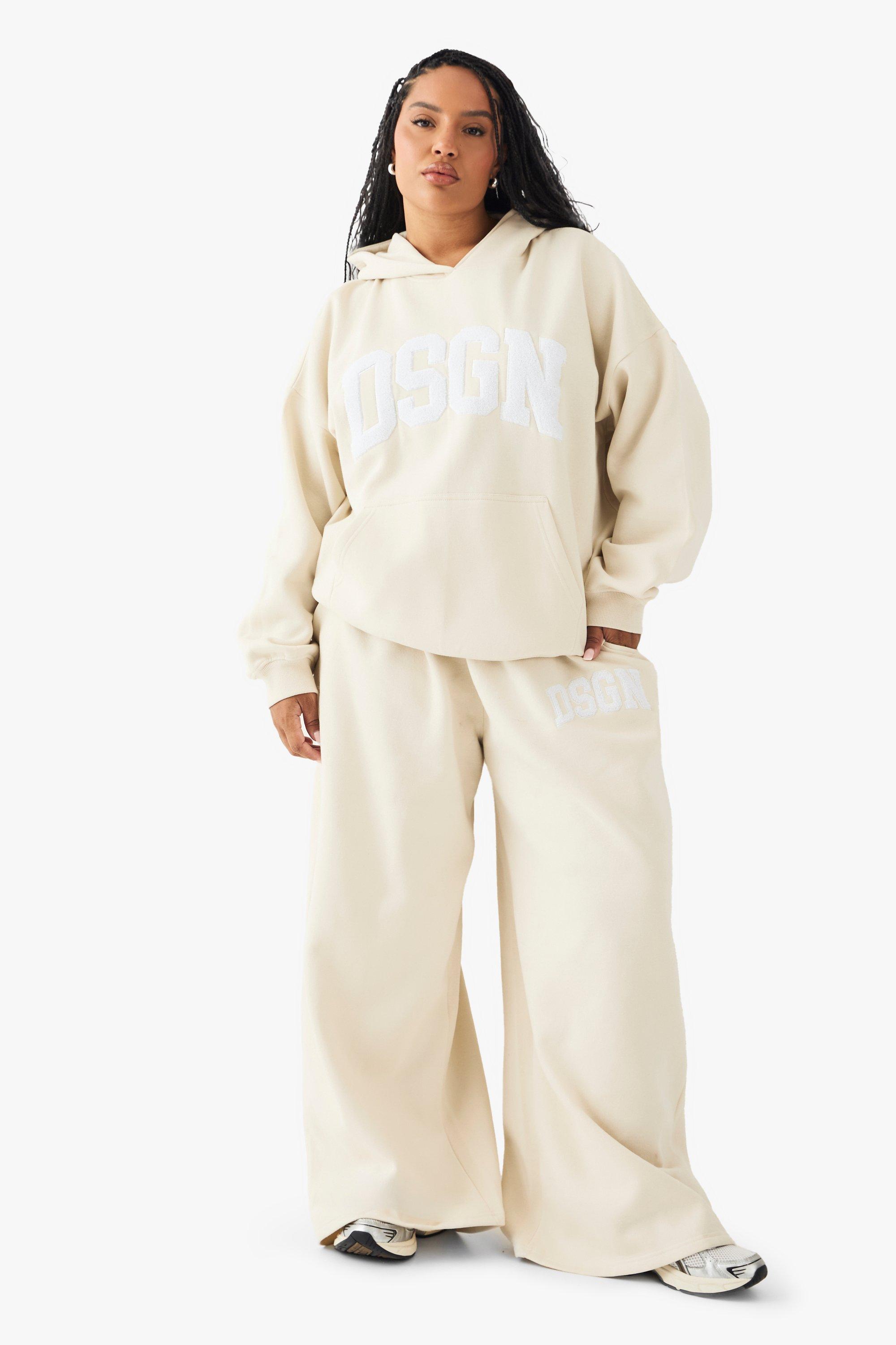 Image of Pantaloni tuta dritti Plus Size DSGN in spugna con ricami, Cream