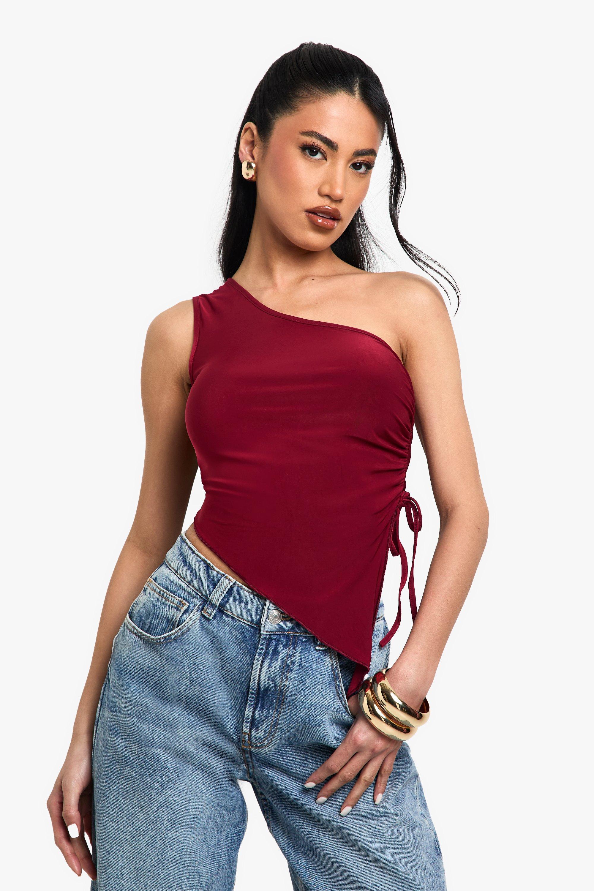 Boohoo Strakke Geplooide Top Met Eén Blote Schouder, Plum