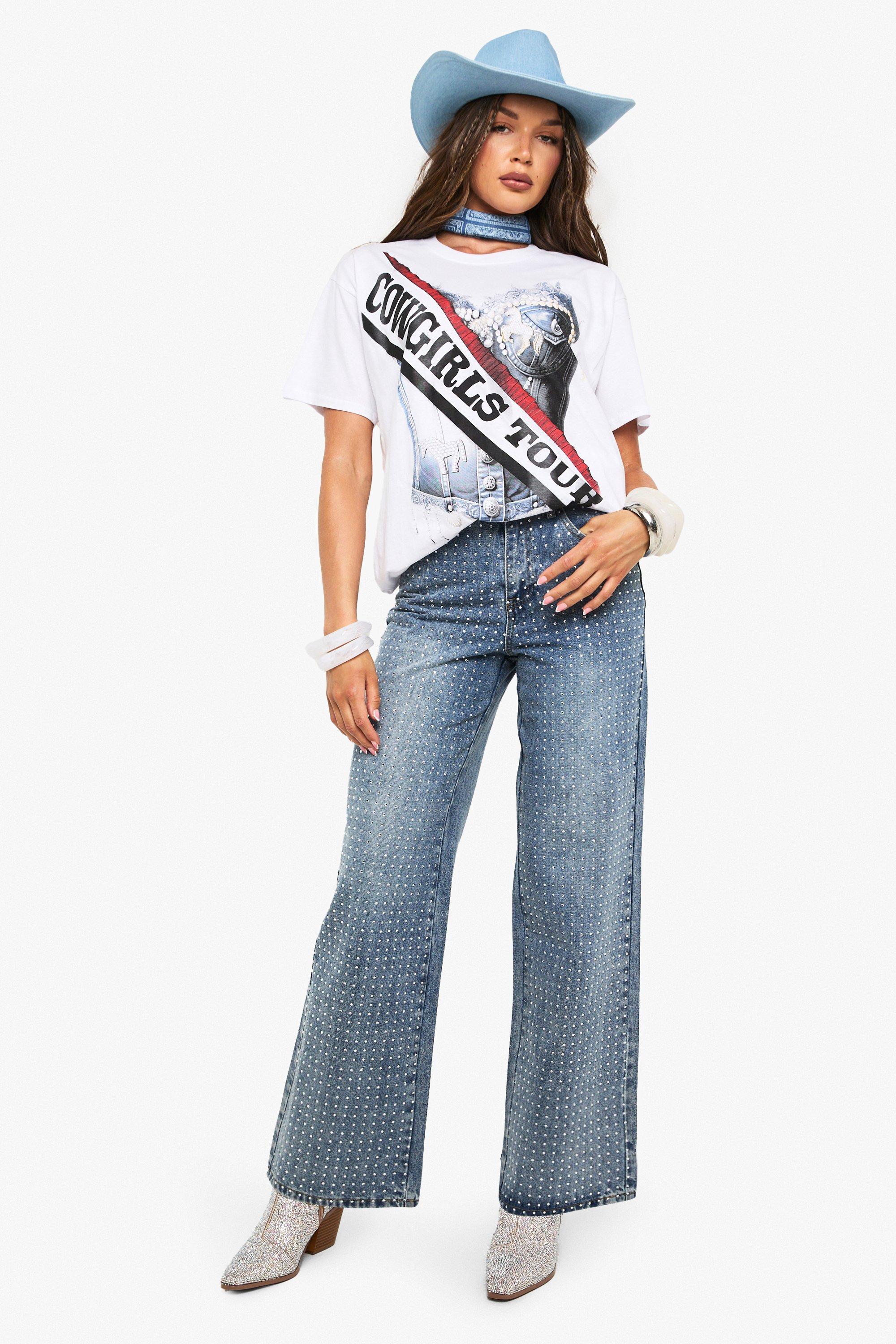 Boohoo Premium Wide Leg Jeans Met Steentjes, Mid Blue