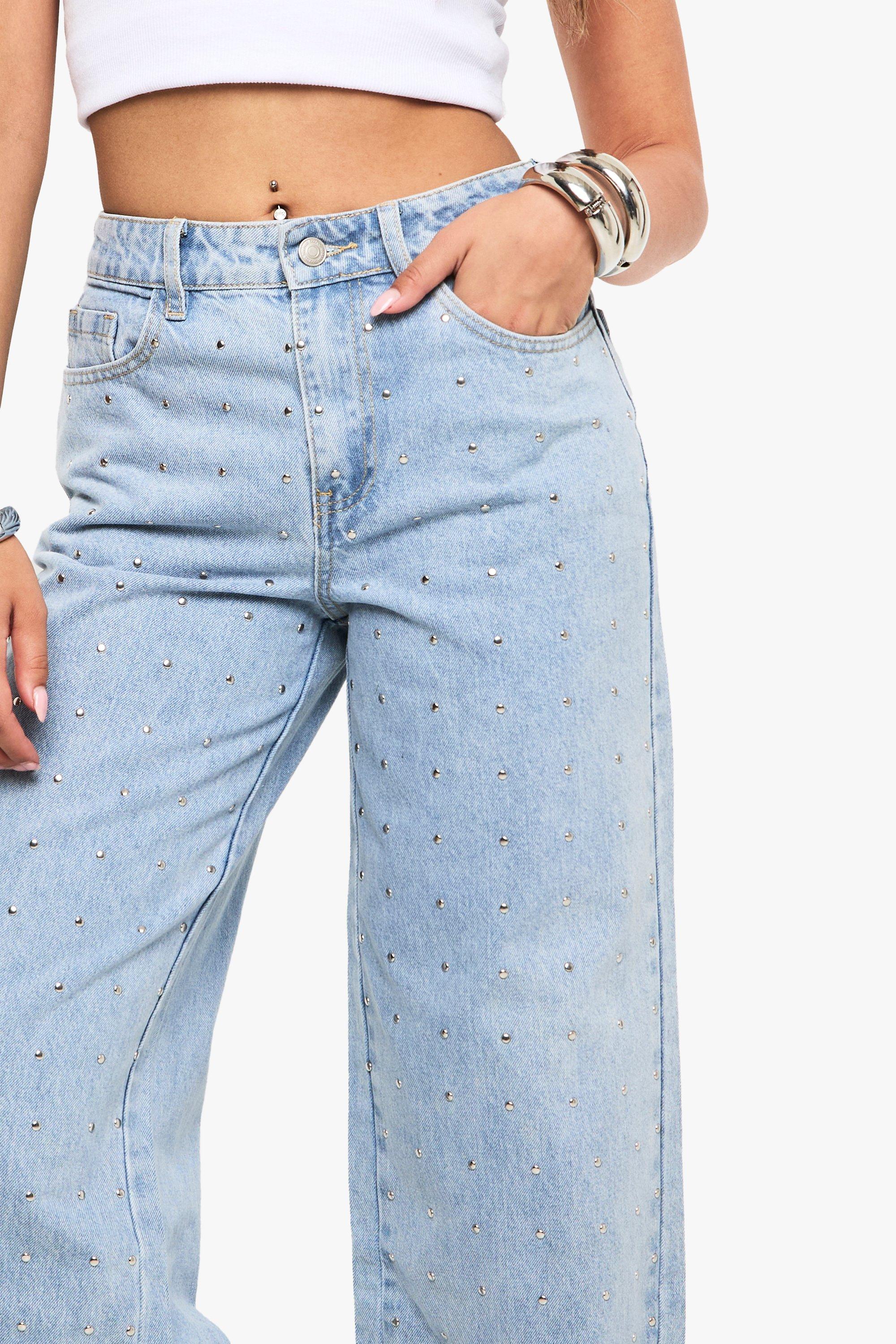 Boohoo Premium Wide Leg Jeans Met Studs, Light Blue
