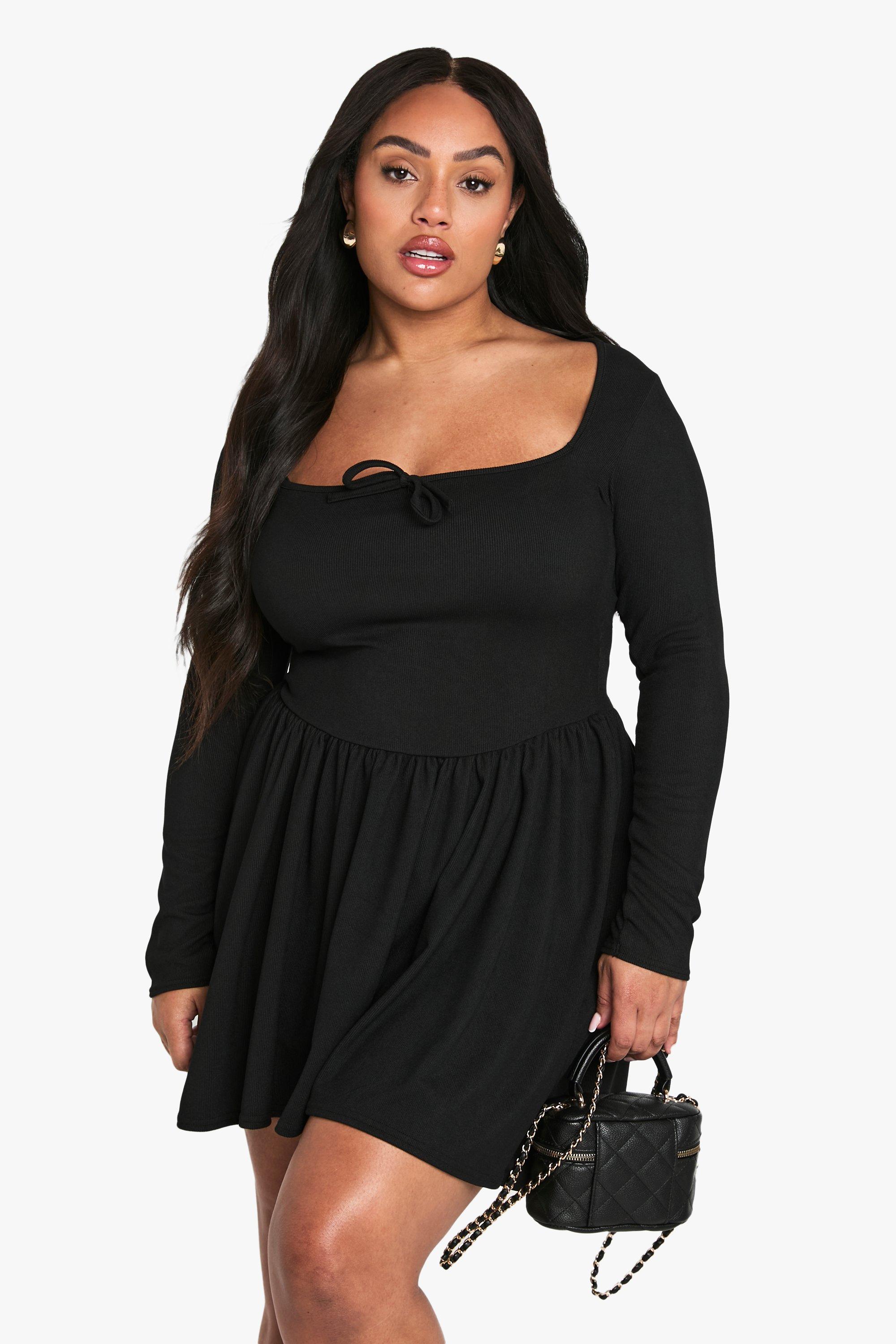 Image of Vestito Skater Plus Size a coste con fiocco, Nero