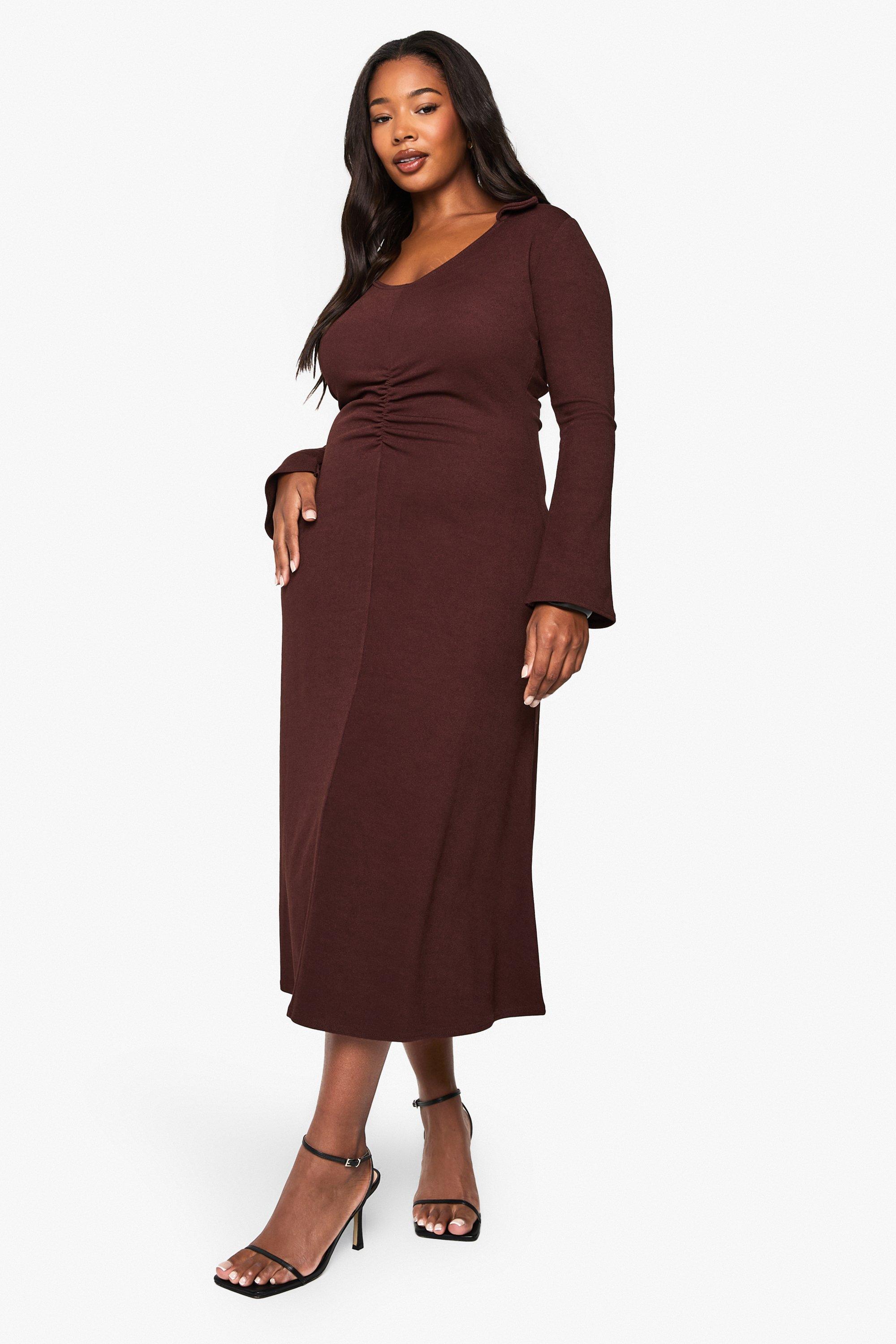 Boohoo Plus Geribbelde Geplooide Midaxi Jurk, Chocolate