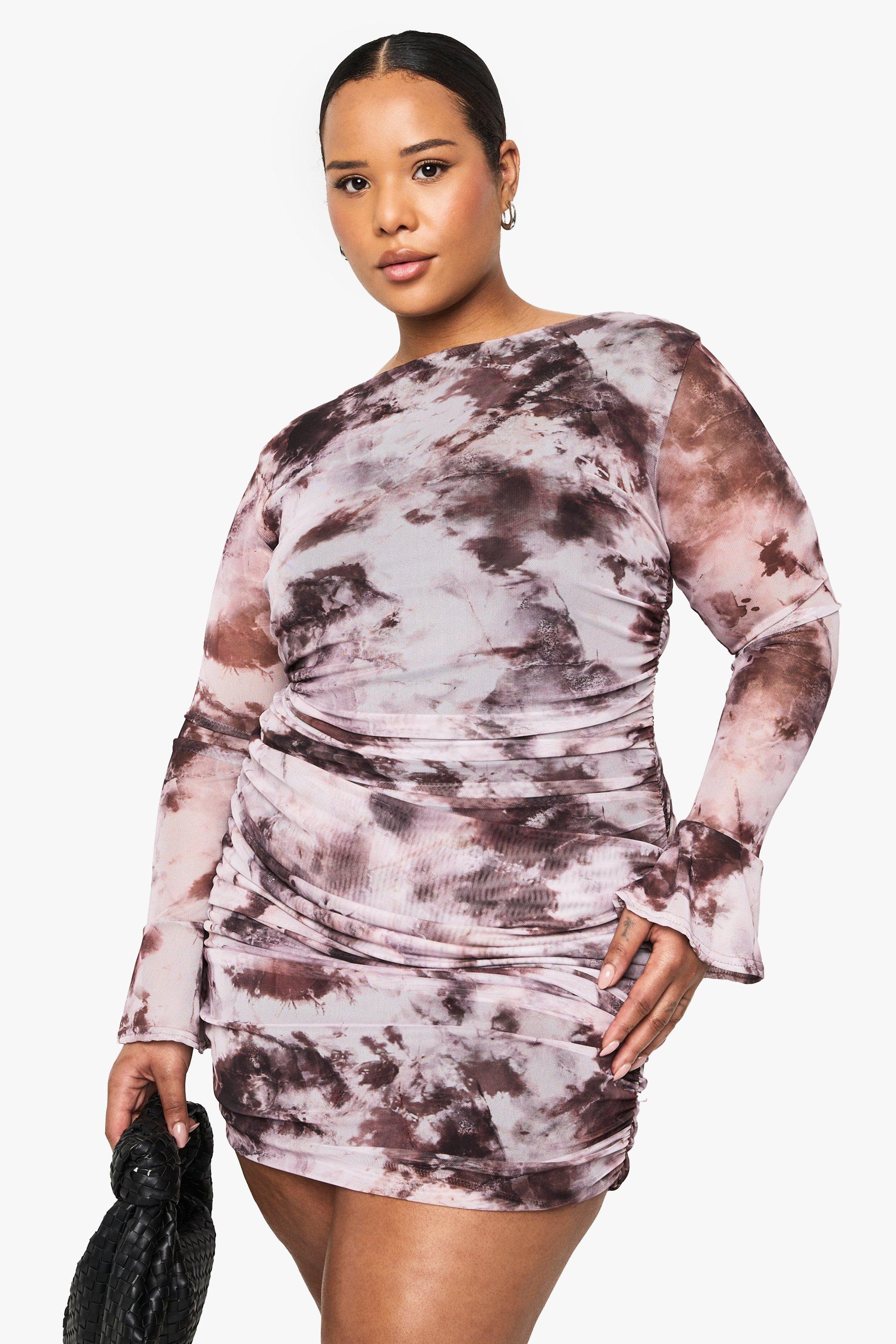 Boohoo Plus Mesh Mini Jurk Met Abstracte Print, Stone