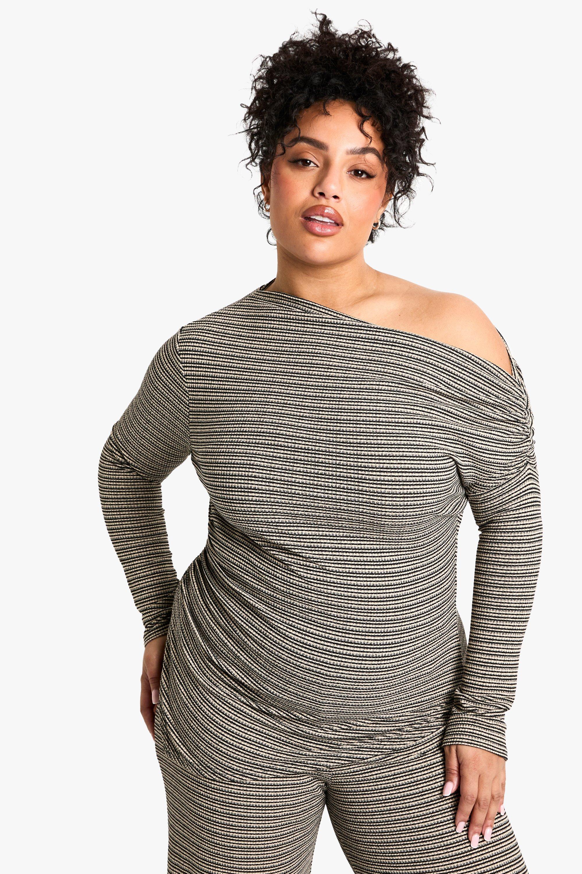 Image of Top Plus Size a maniche lunghe a righe con collo all'americana, Nero