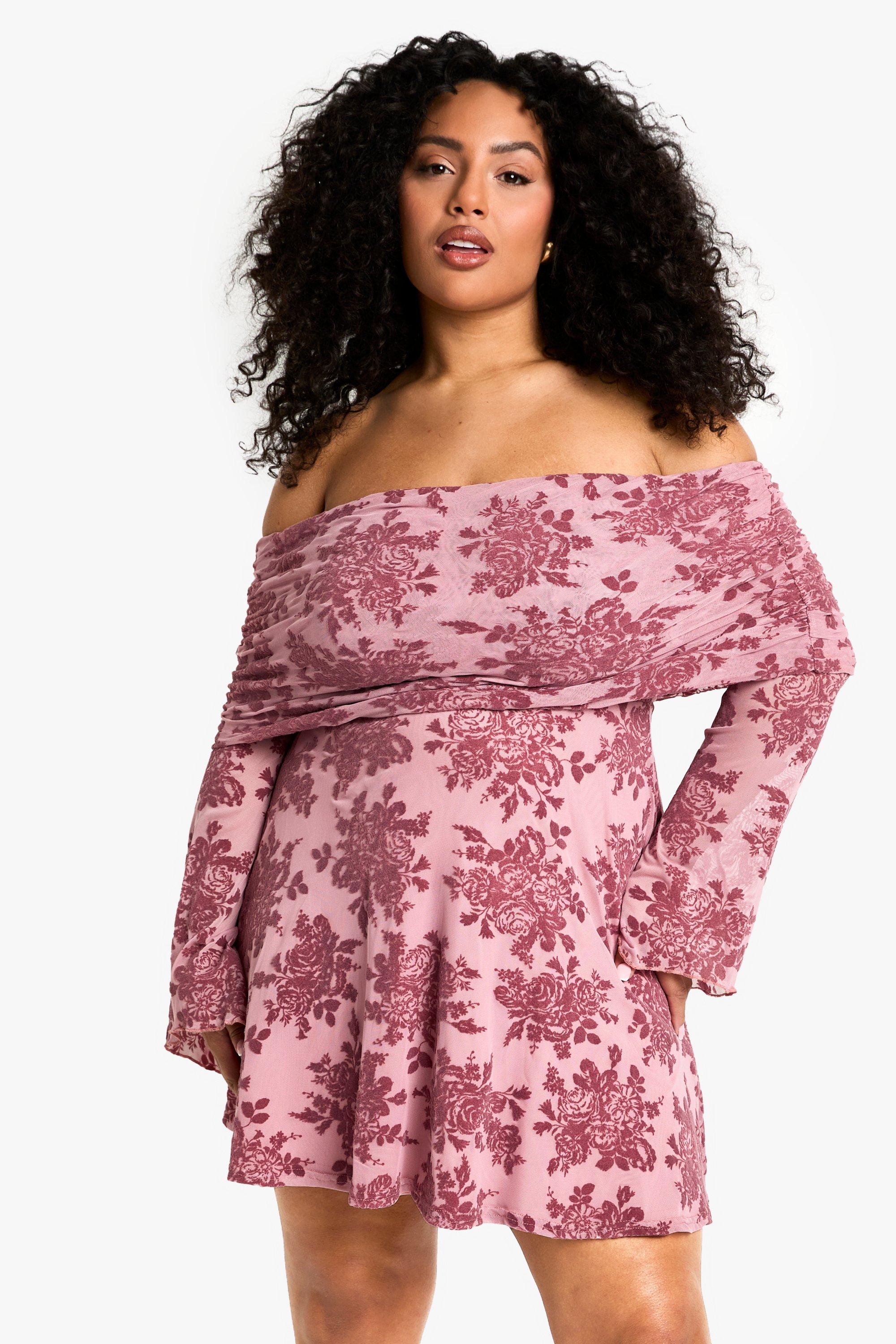 Boohoo Plus Devore Bardot Flare Sleeve Mini Dress, Mauve