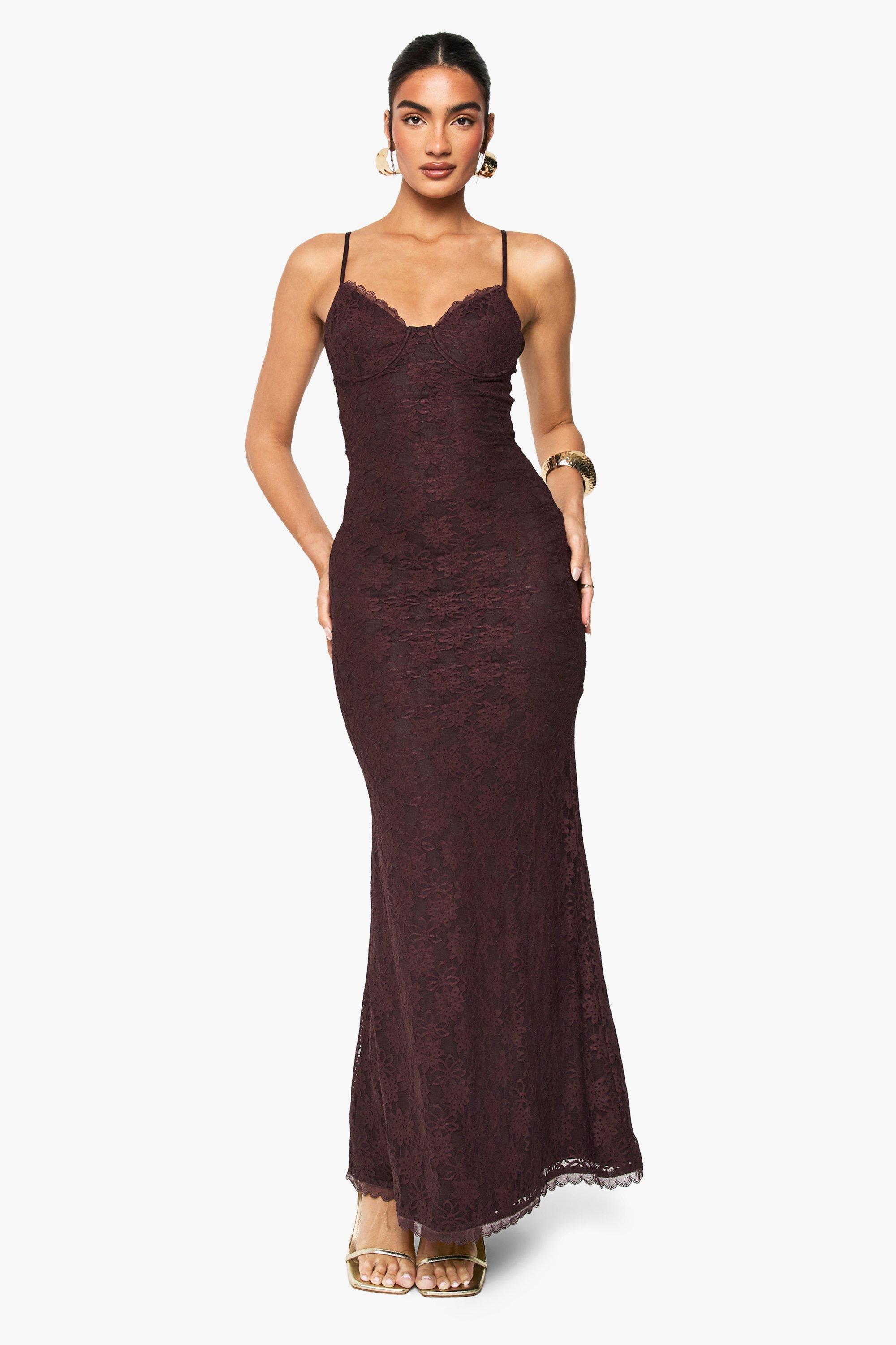 Image of Vestito maxi in pizzo con spalline, Brown