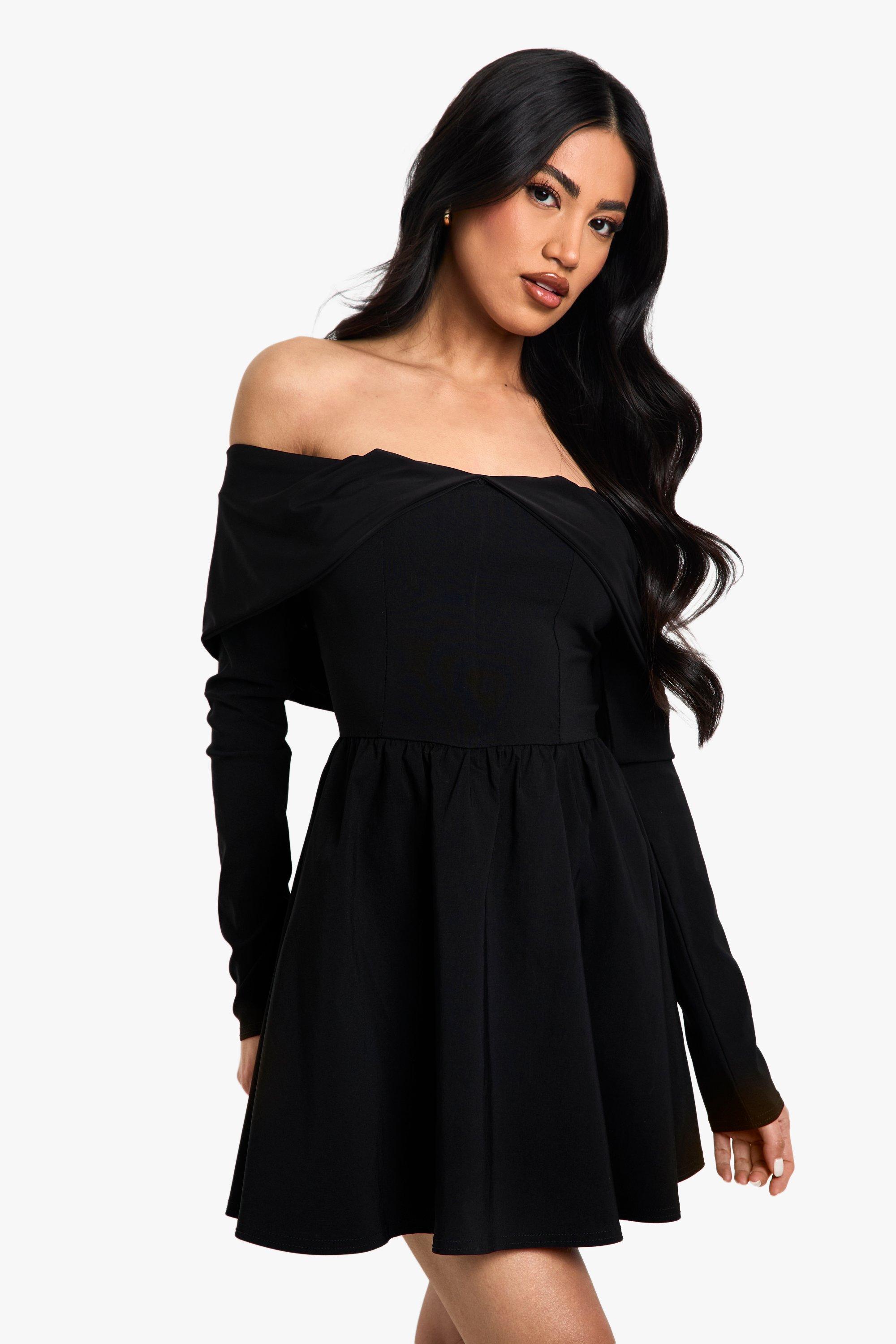 Boohoo Bengaline And Slinky Mix Long Sleeve Skater Dress, Black