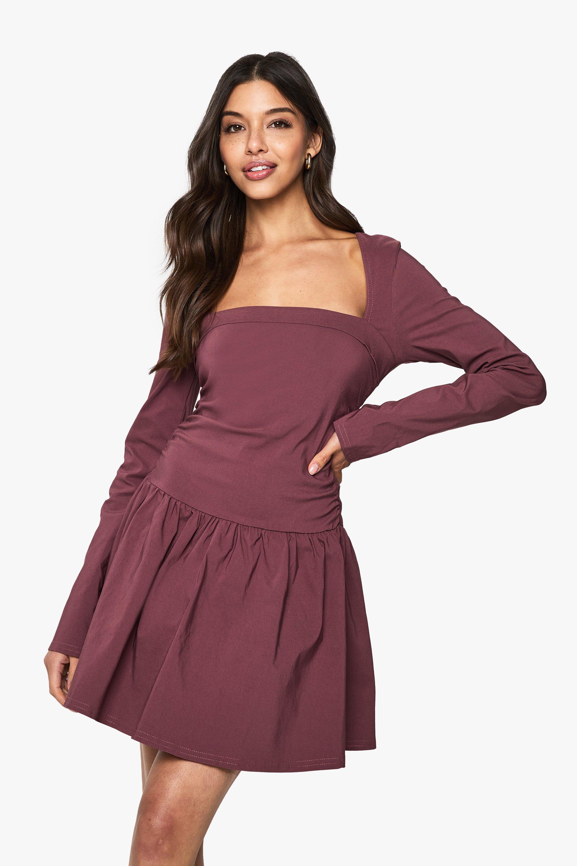 Boohoo Mini Skater Jurk Met Lange Mouwen, Mauve