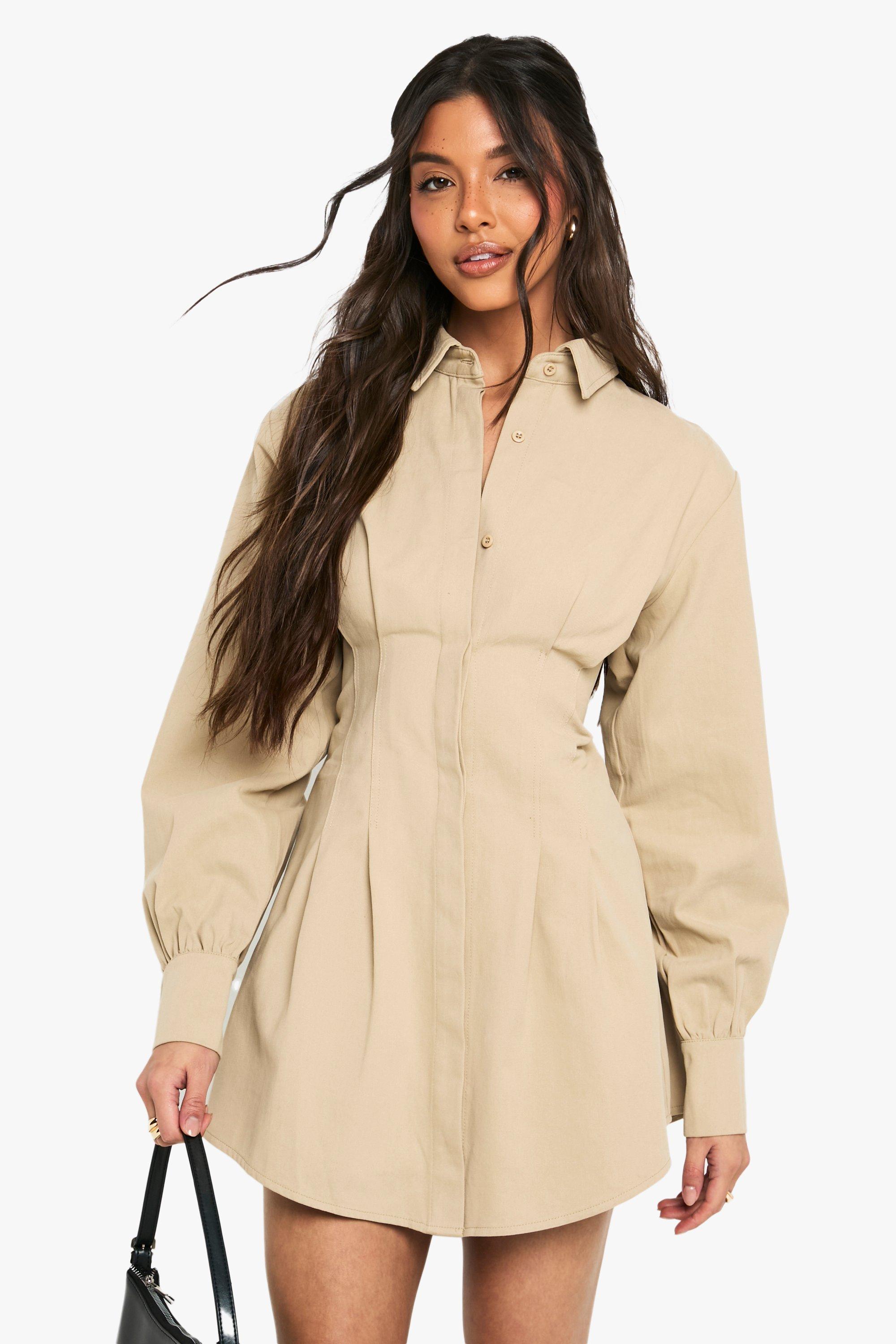 Boohoo Blouse Jurk Met Kraag En Lange Mouwen, Stone