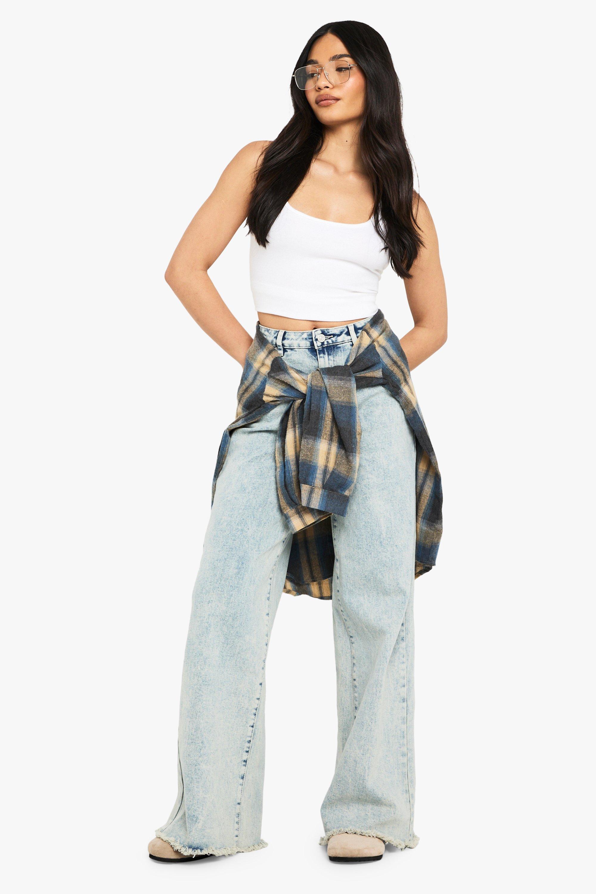 Boohoo Washed Blue Frayed Hem Wide Leg Jean, Washed Blue