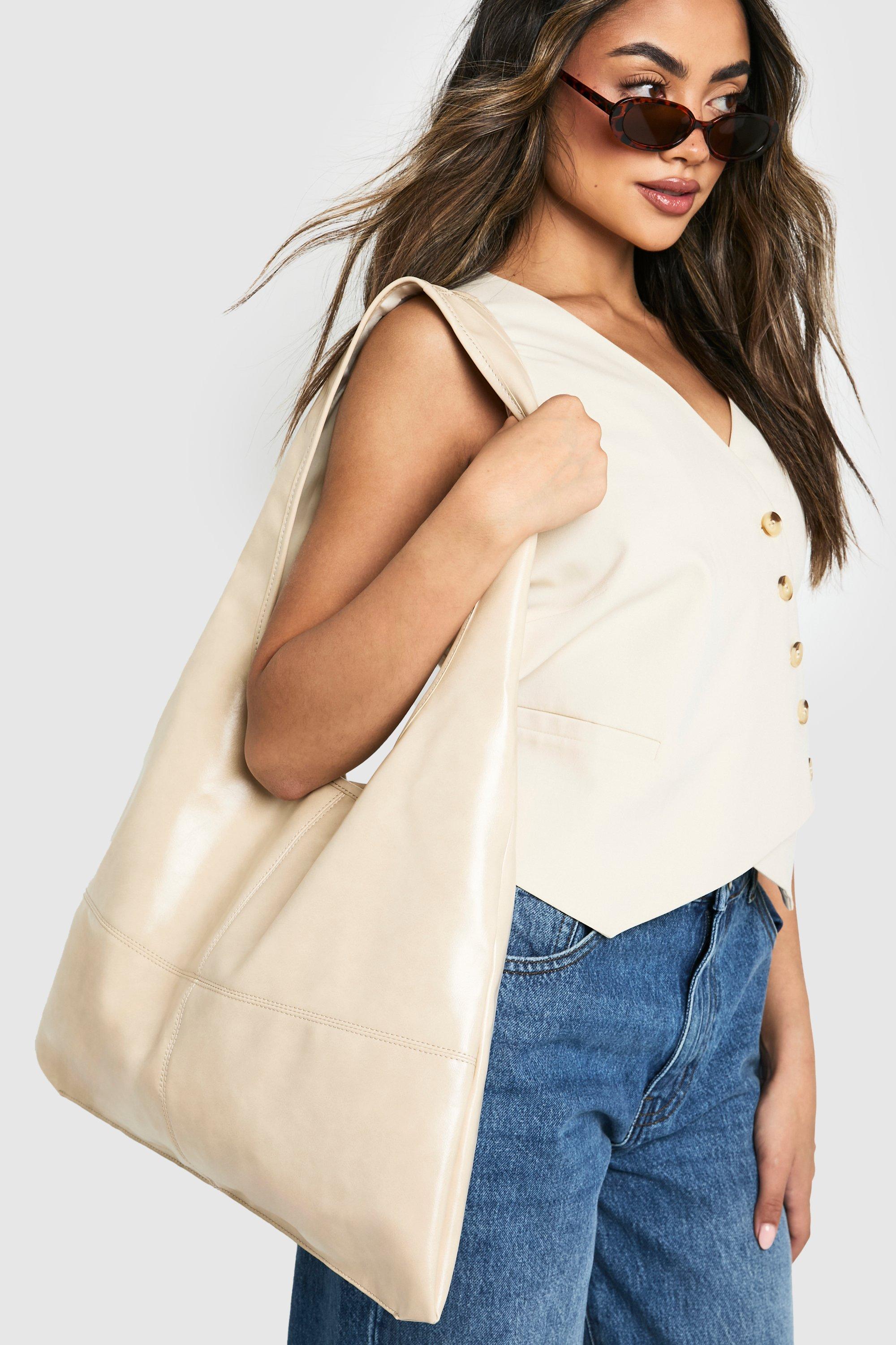 Image of Borsa Tote extra comoda in pelle effetto smagliato, Beige