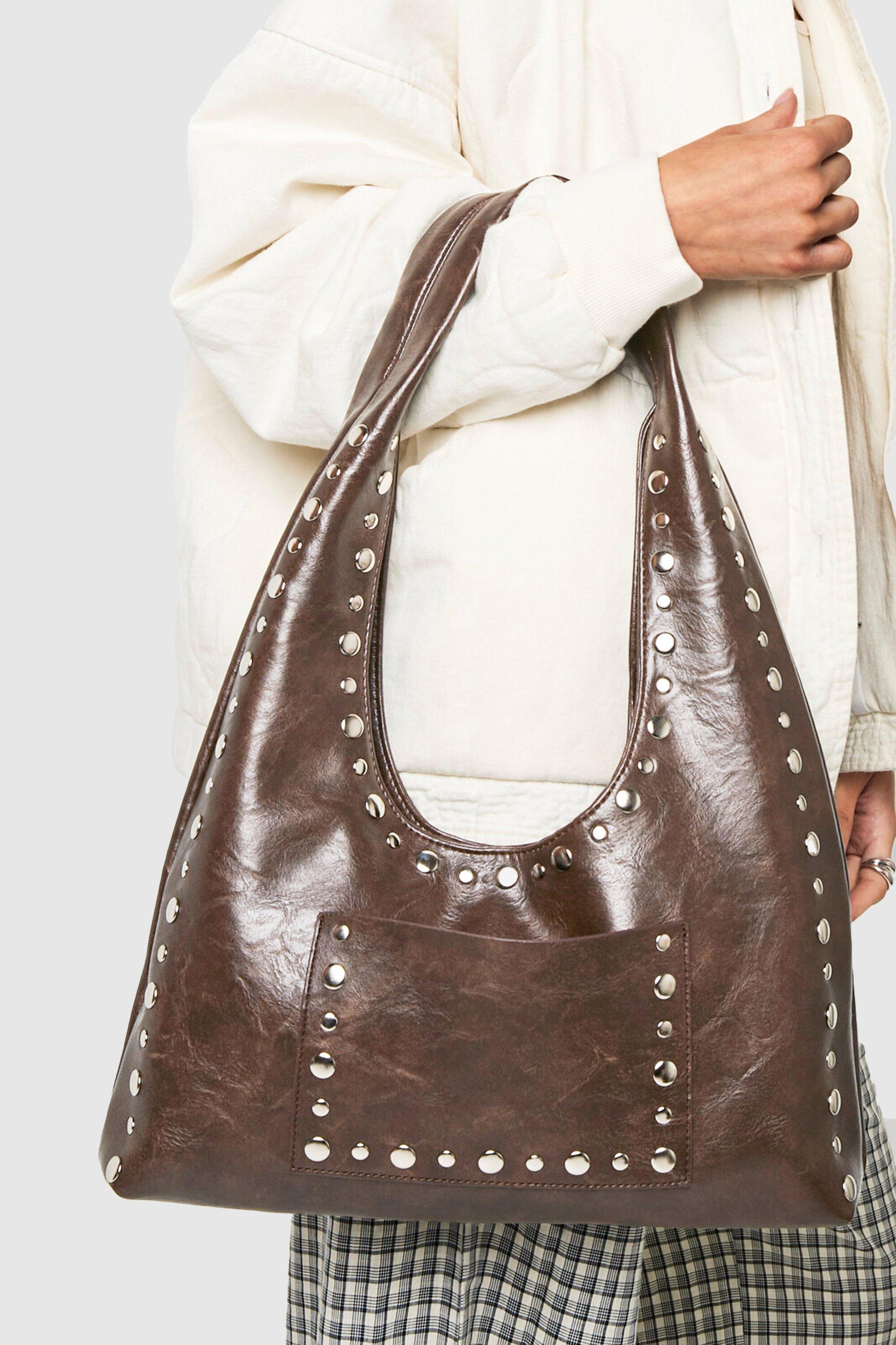 Click to view product details and reviews for Womens Stud Trim Distressed Slouchy Shoulder Bag Brown One Size Brown.