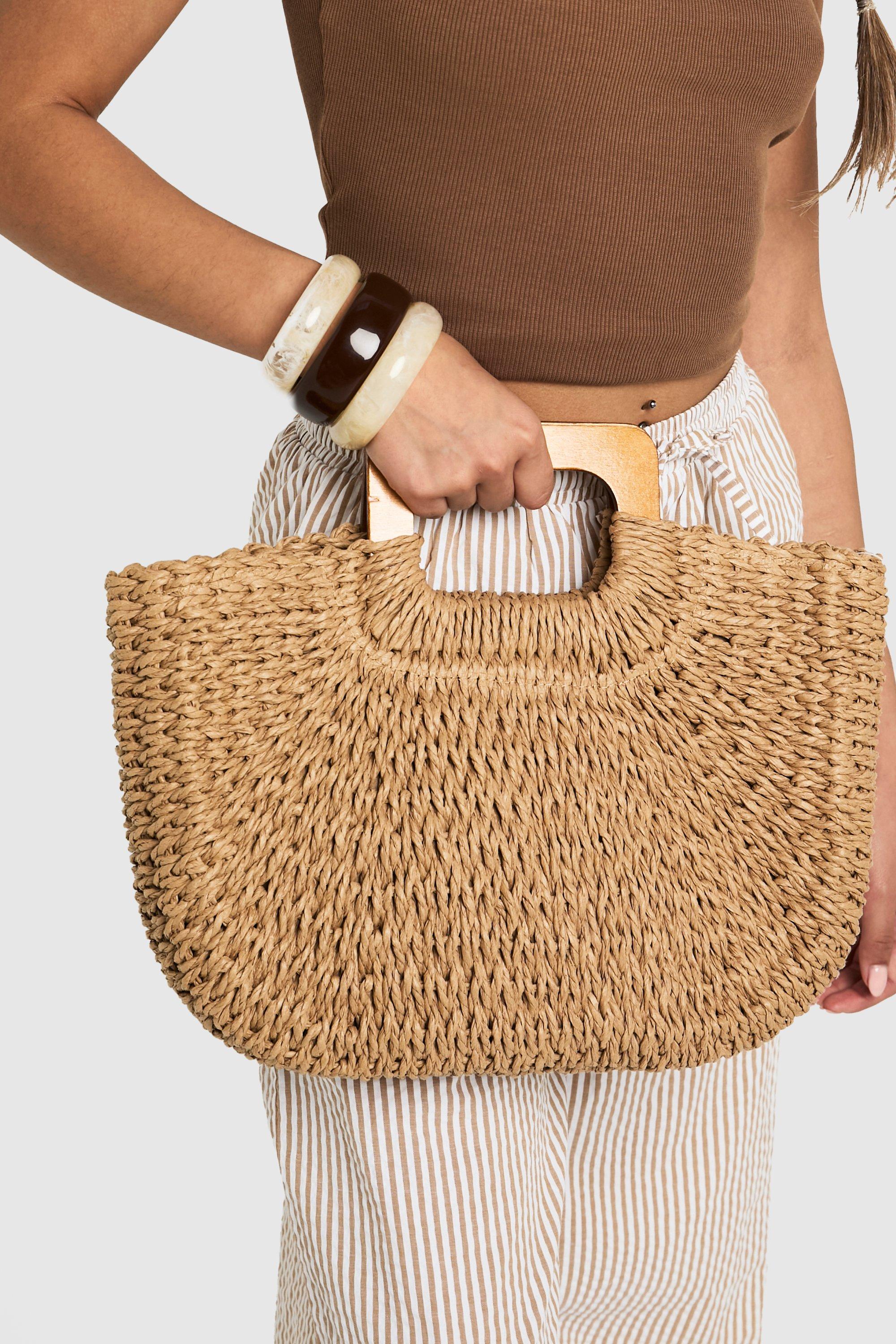 Boohoo Raffia Handtas Met Vierkante Hengsel, Light Brown