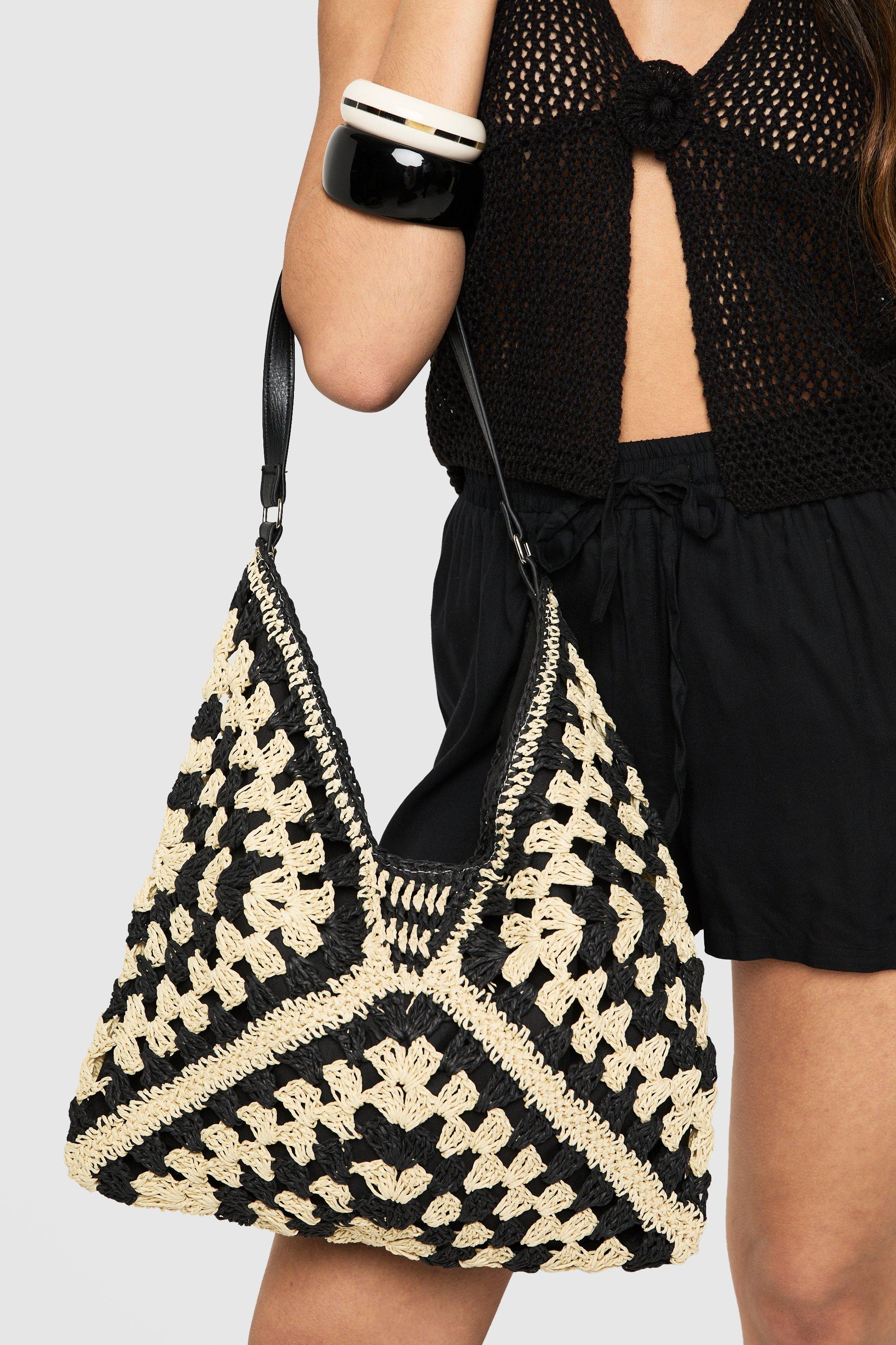 Boohoo Contrasterende Gehaakte Shopper Tote Bag, Black