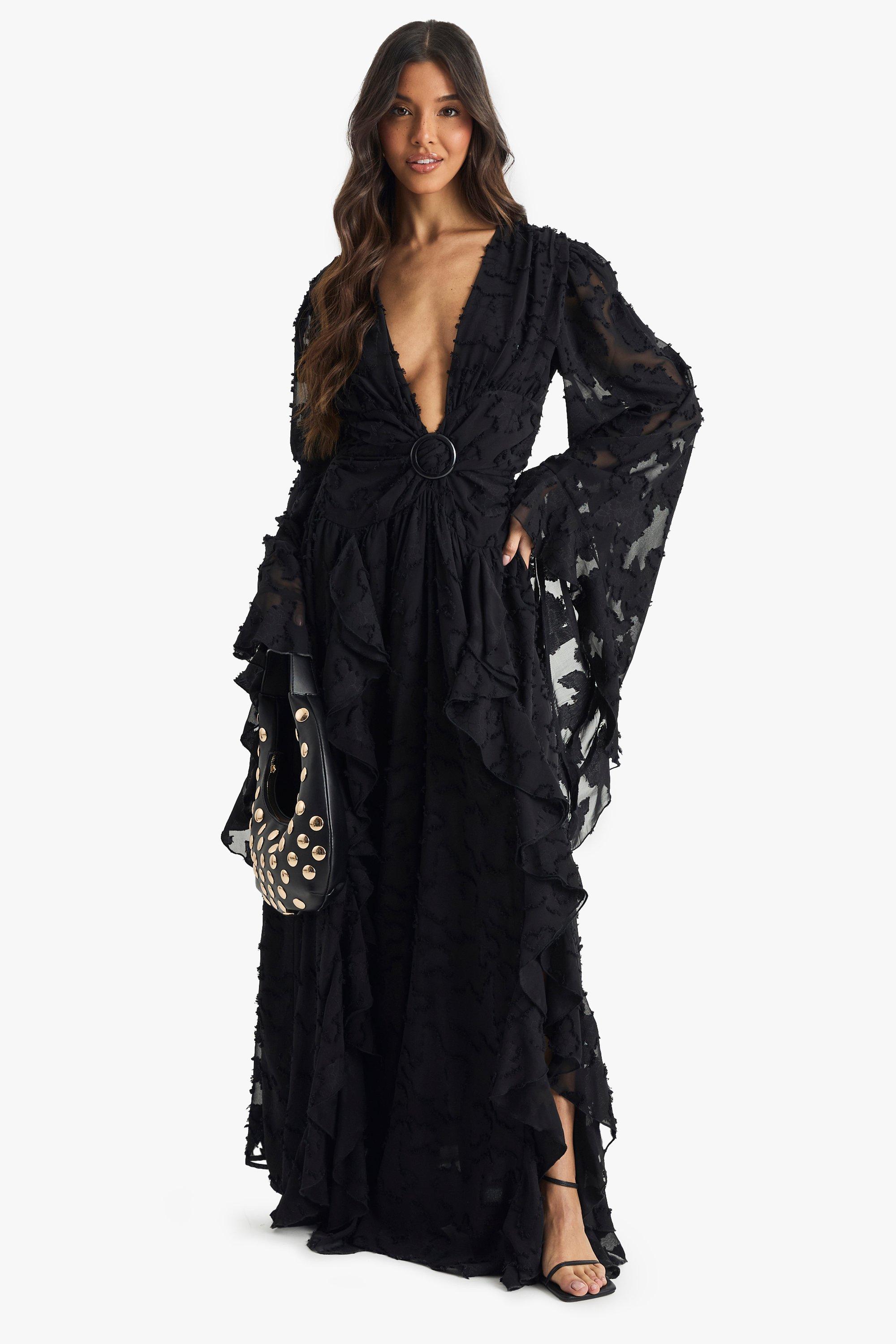 Image of Vestito maxi con trama e cut-out e spacco, Nero