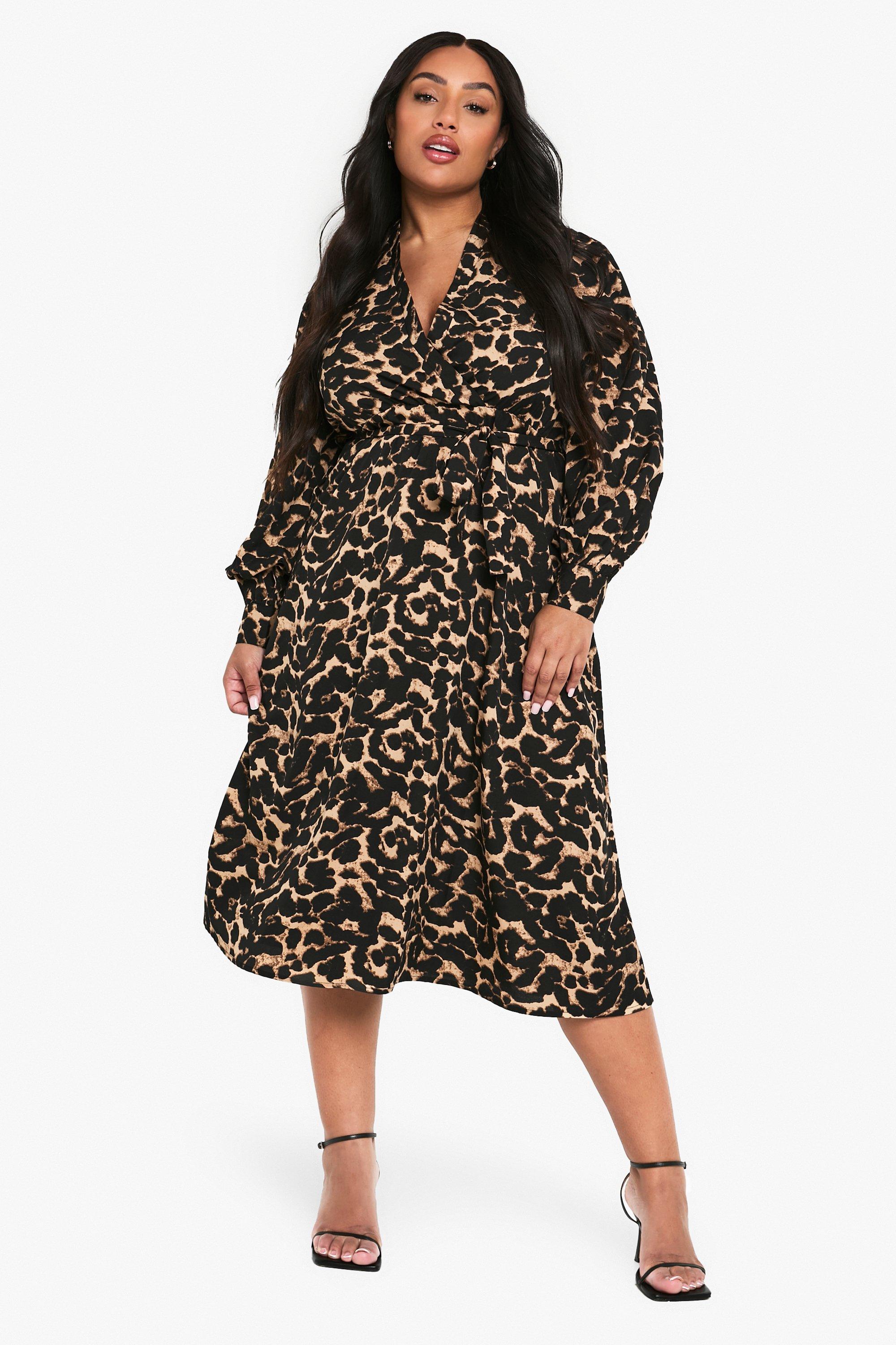 Boohoo Plus Luipaardprint Skater Jurk Met Ceintuur, Leopard