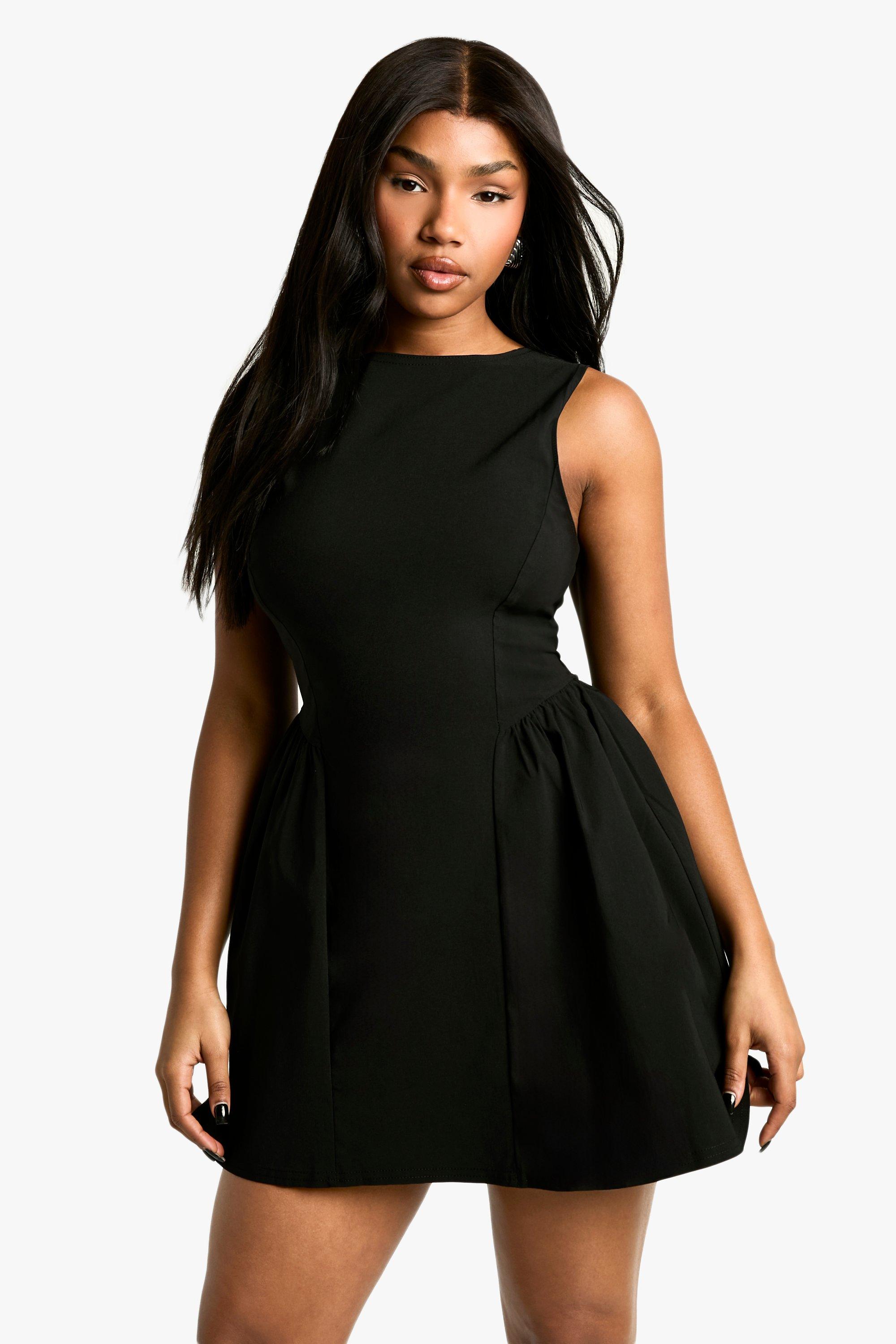 Boohoo Tailored Slash Neck Volume Skater Mini Dress, Black