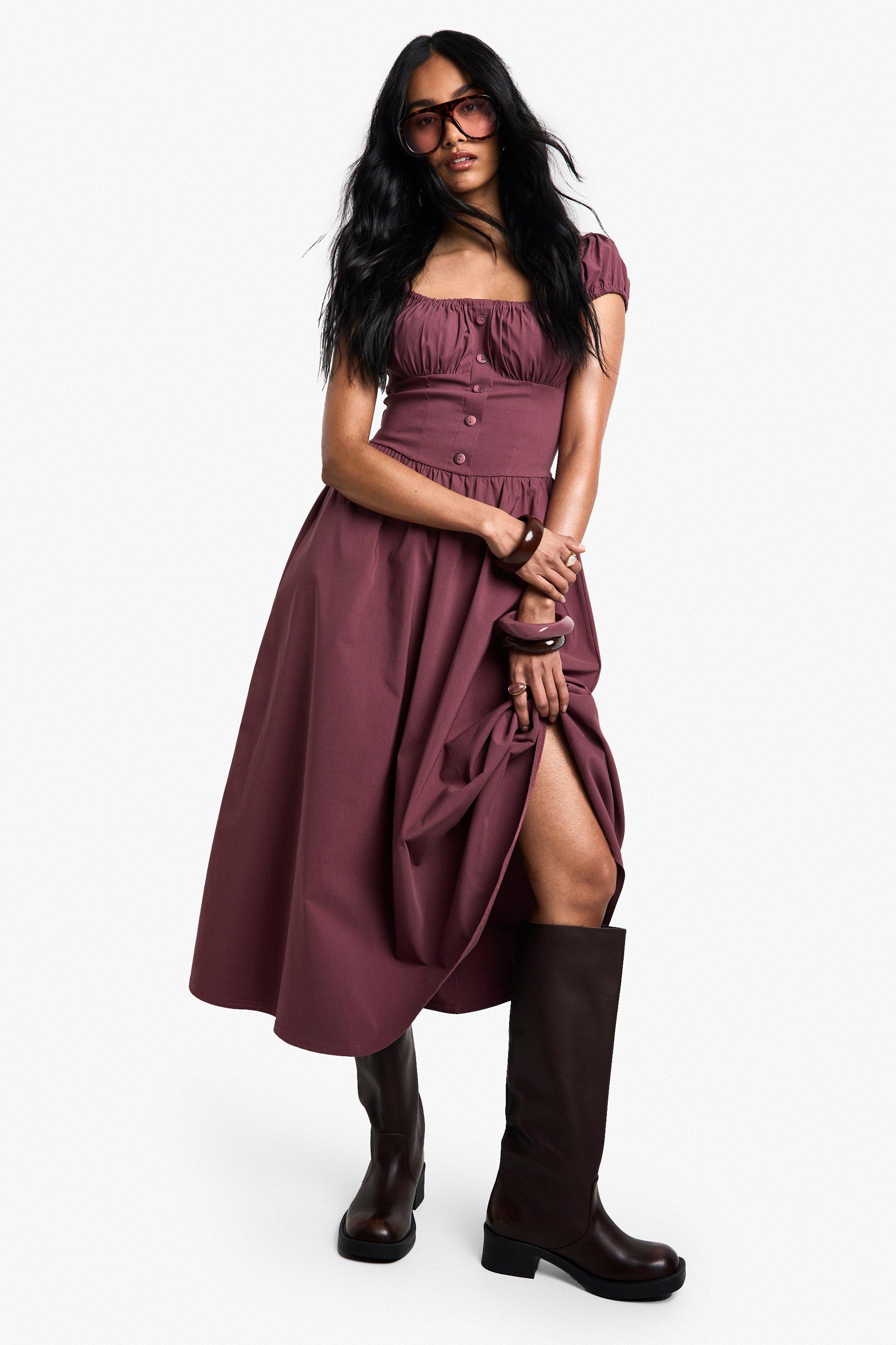 Image of Vestito midi Milkmaid con maniche a sbuffo, Purple
