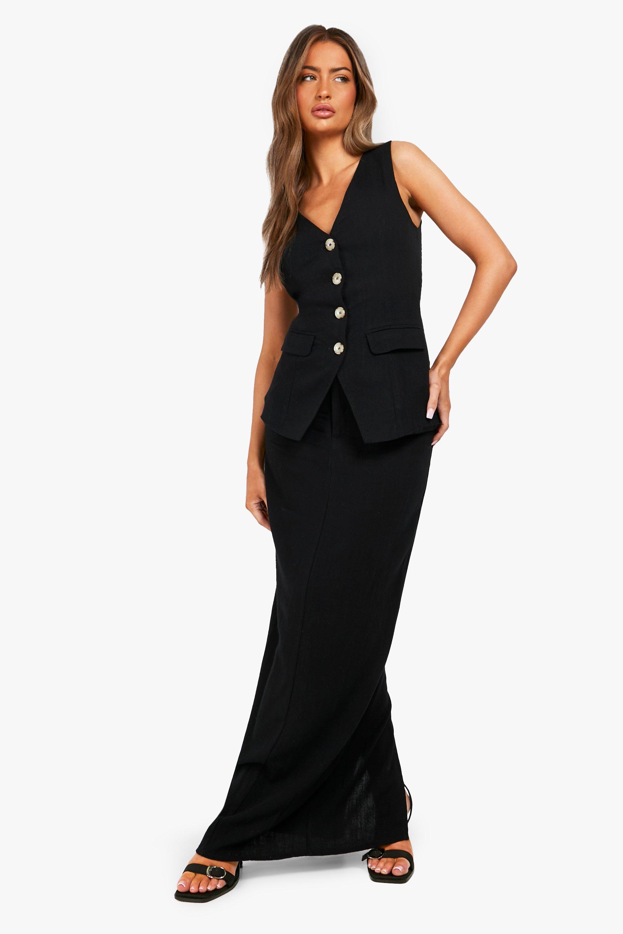 Boohoo Getailleerde Linnen Look Maxi Rok, Black