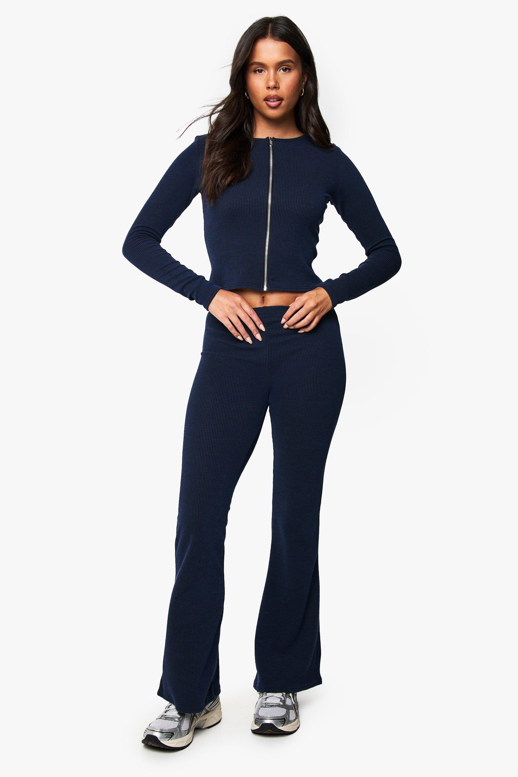 Image of Top a coste in 2 toni con zip & pantaloni a zampa, Navy