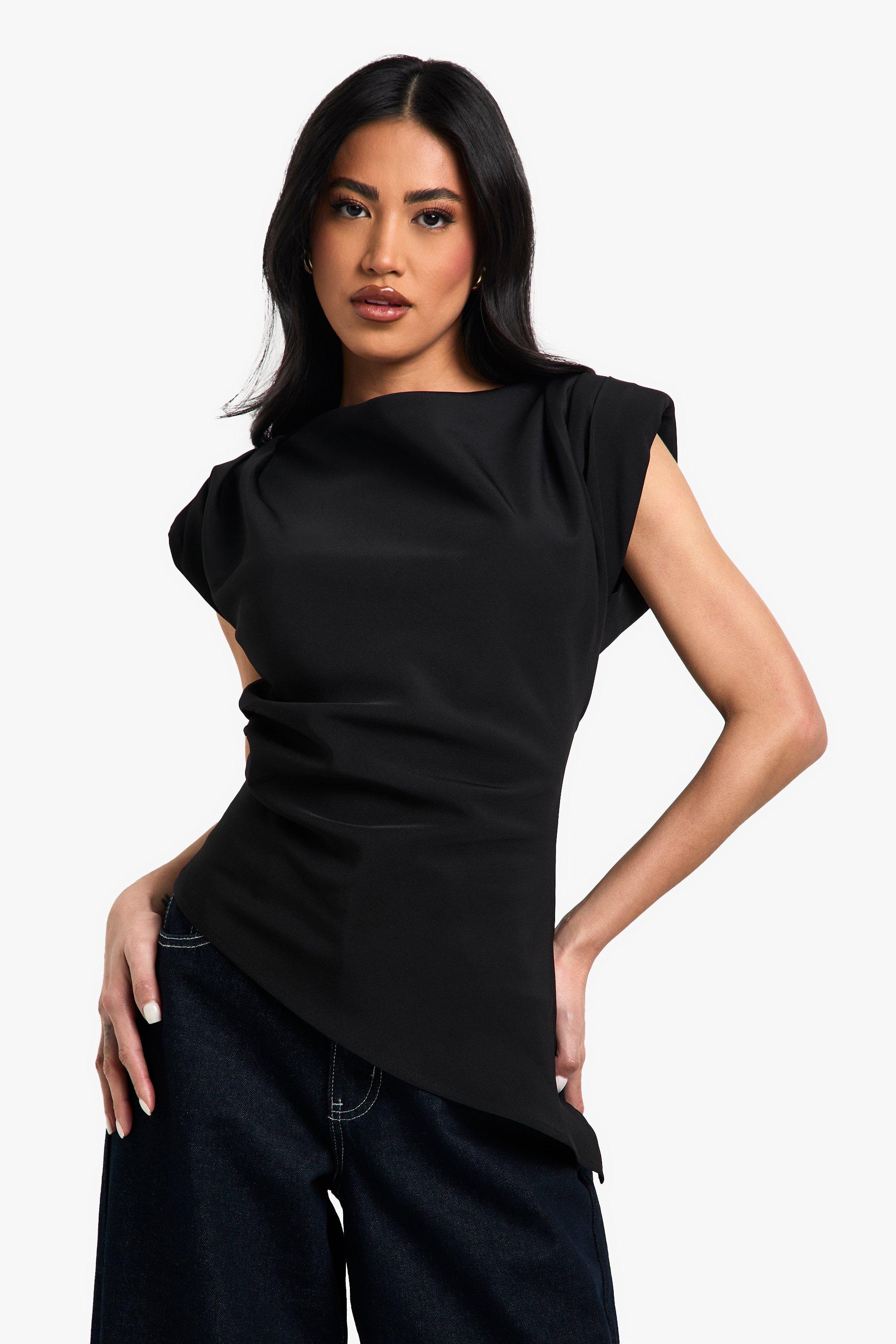 Image of Blusa asimmetrica raccolta con spalline imbottite, Nero
