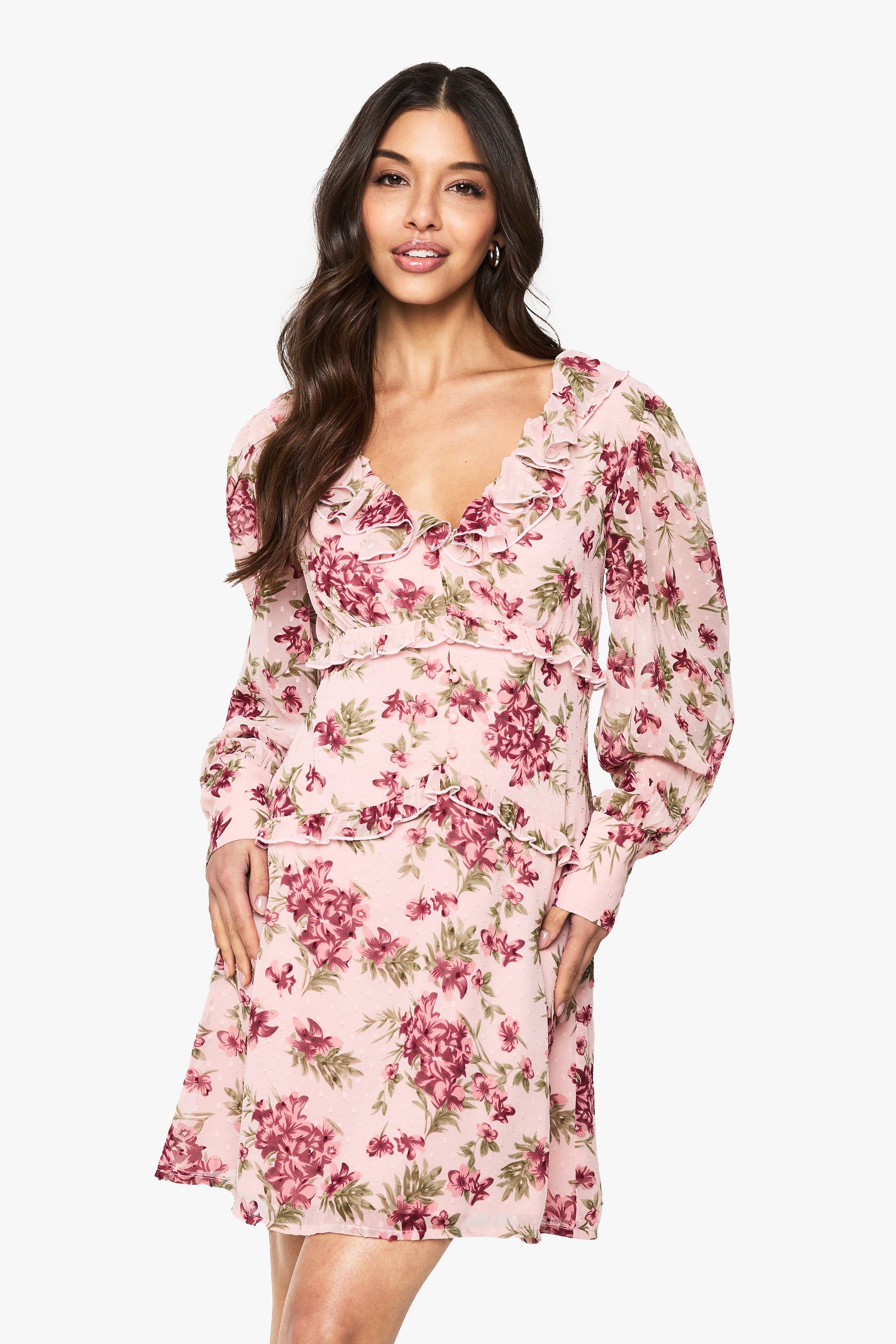 Boohoo Chiffon Bloemen Mini Jurk Met Ruches, Pink
