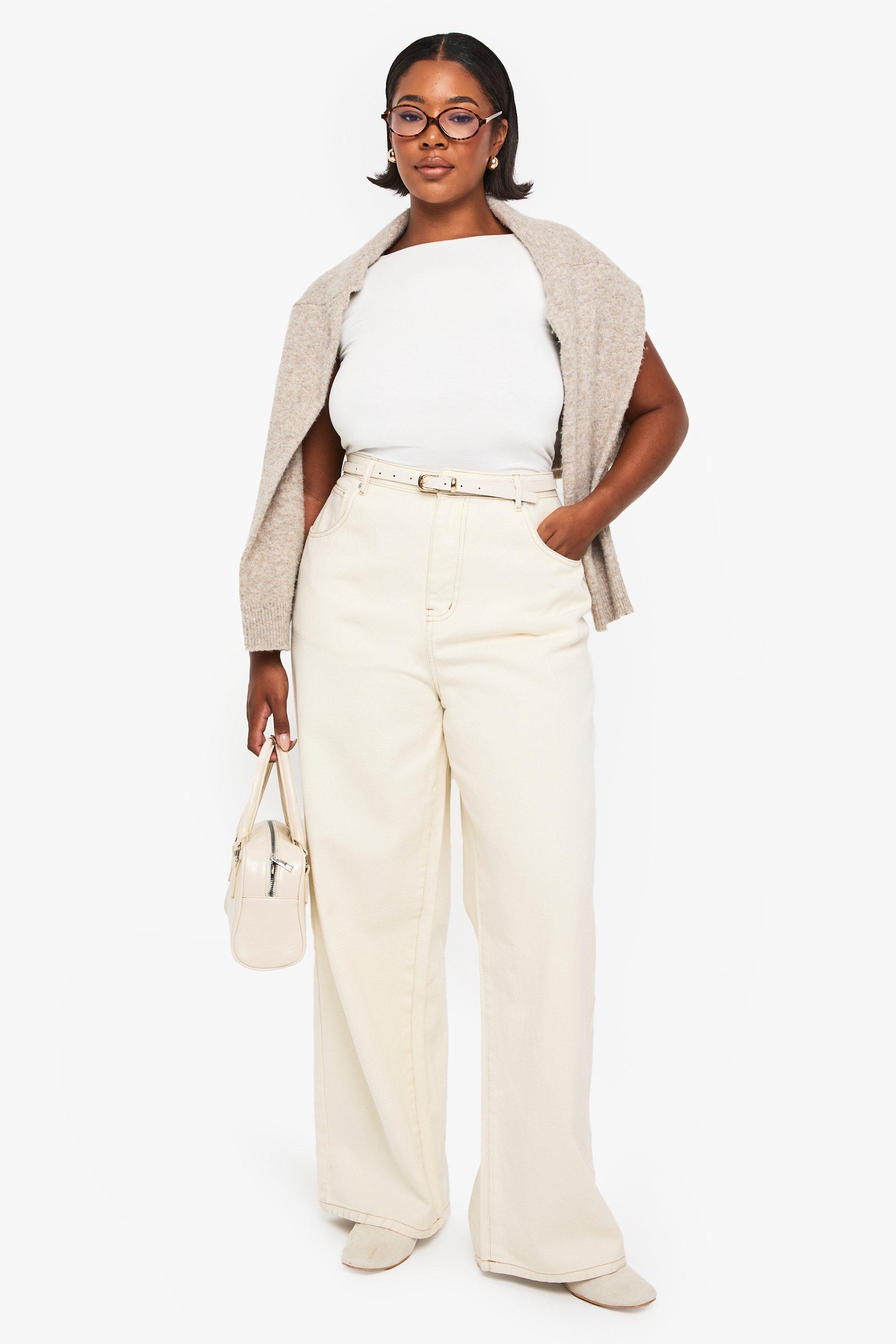 Boohoo Plus Ecru Jeans Met Rechte Pijpen, Ecru