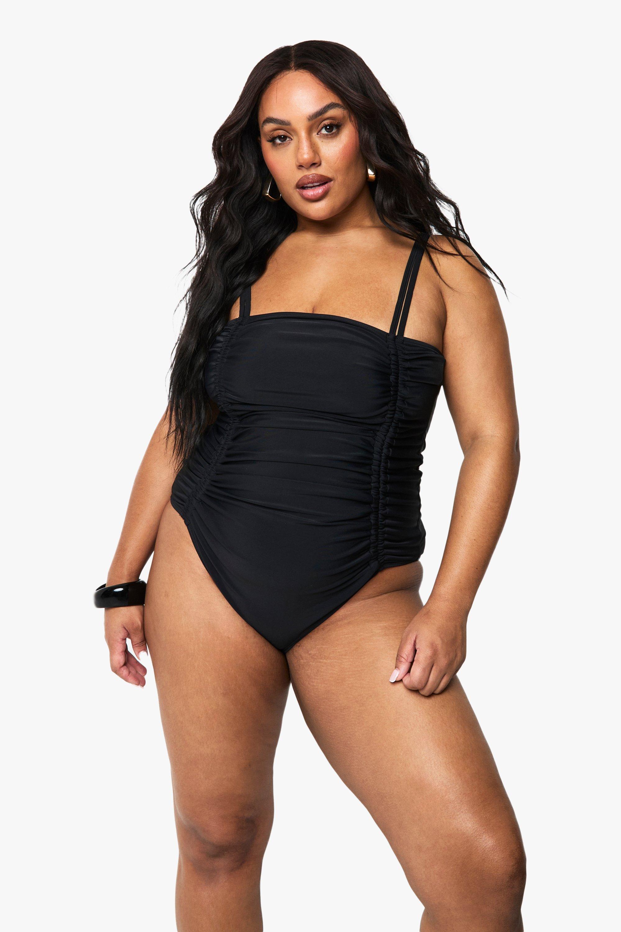 Image of Costume intero Plus Size contenitivo addominale con ruches laterali, Nero