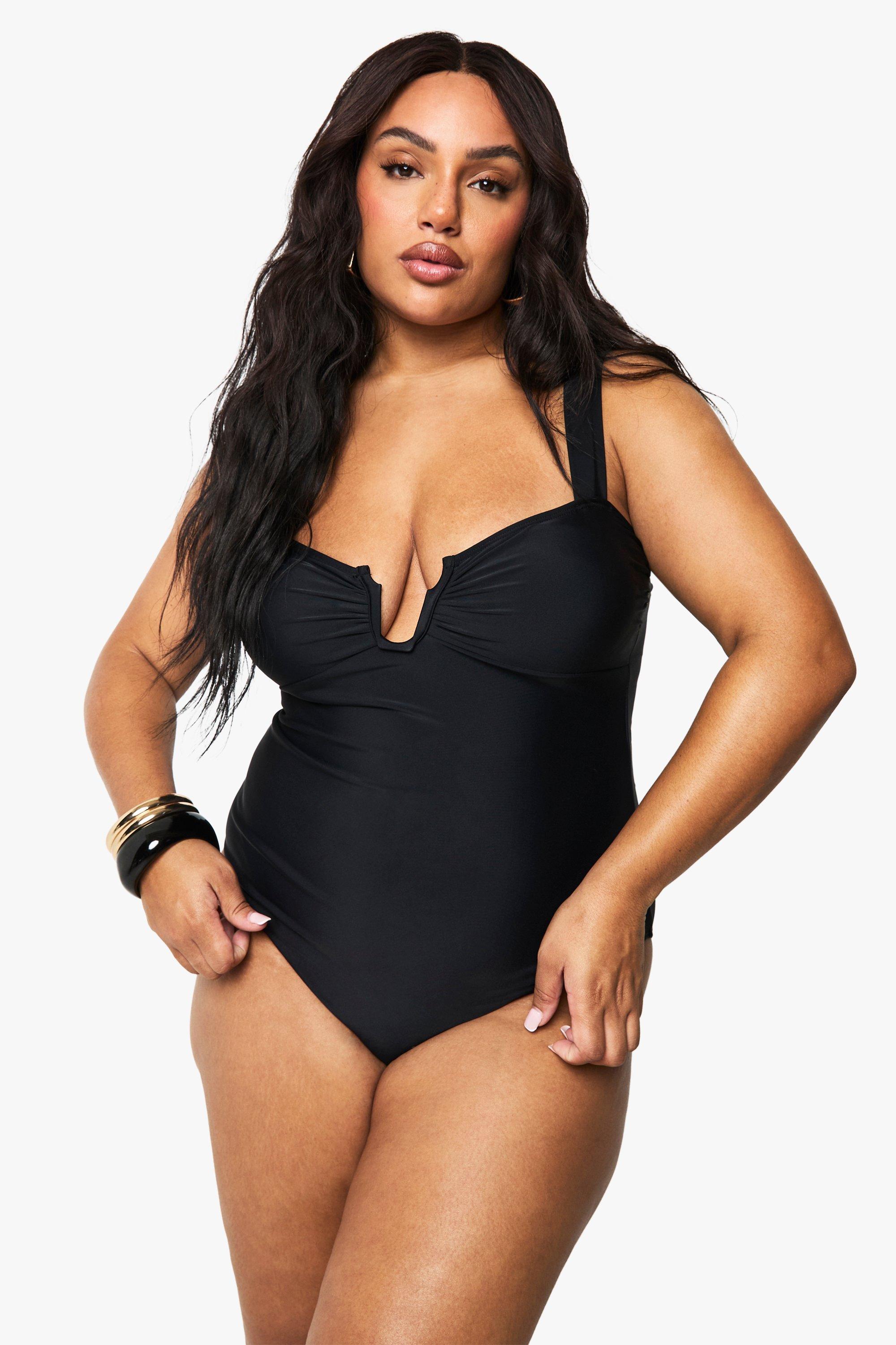 Image of Costume intero Plus Size contenitivo addominale con ruches frontali, Nero