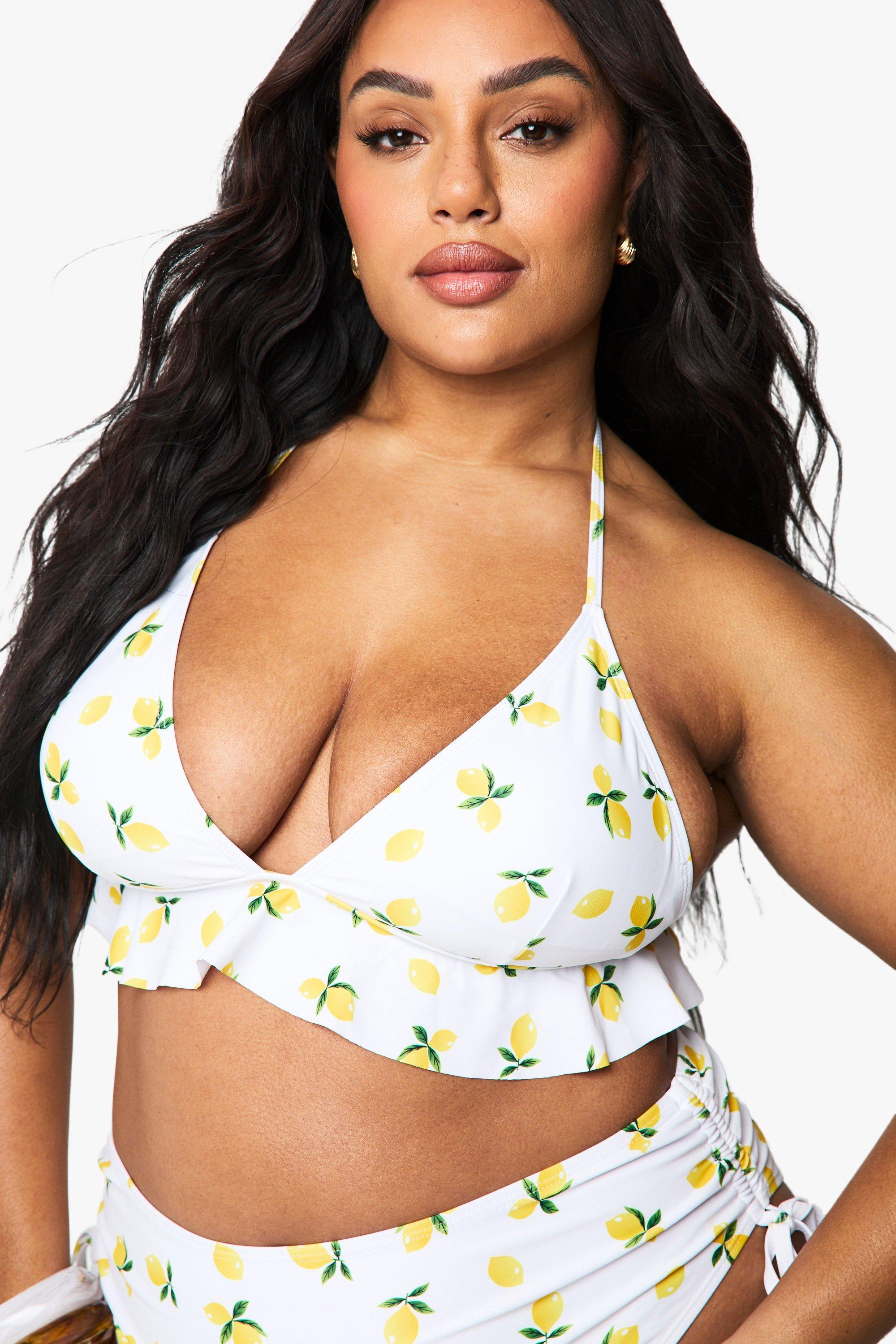 Boohoo Plus Citroen Print Bikini Met Hoge Taille, Lemon