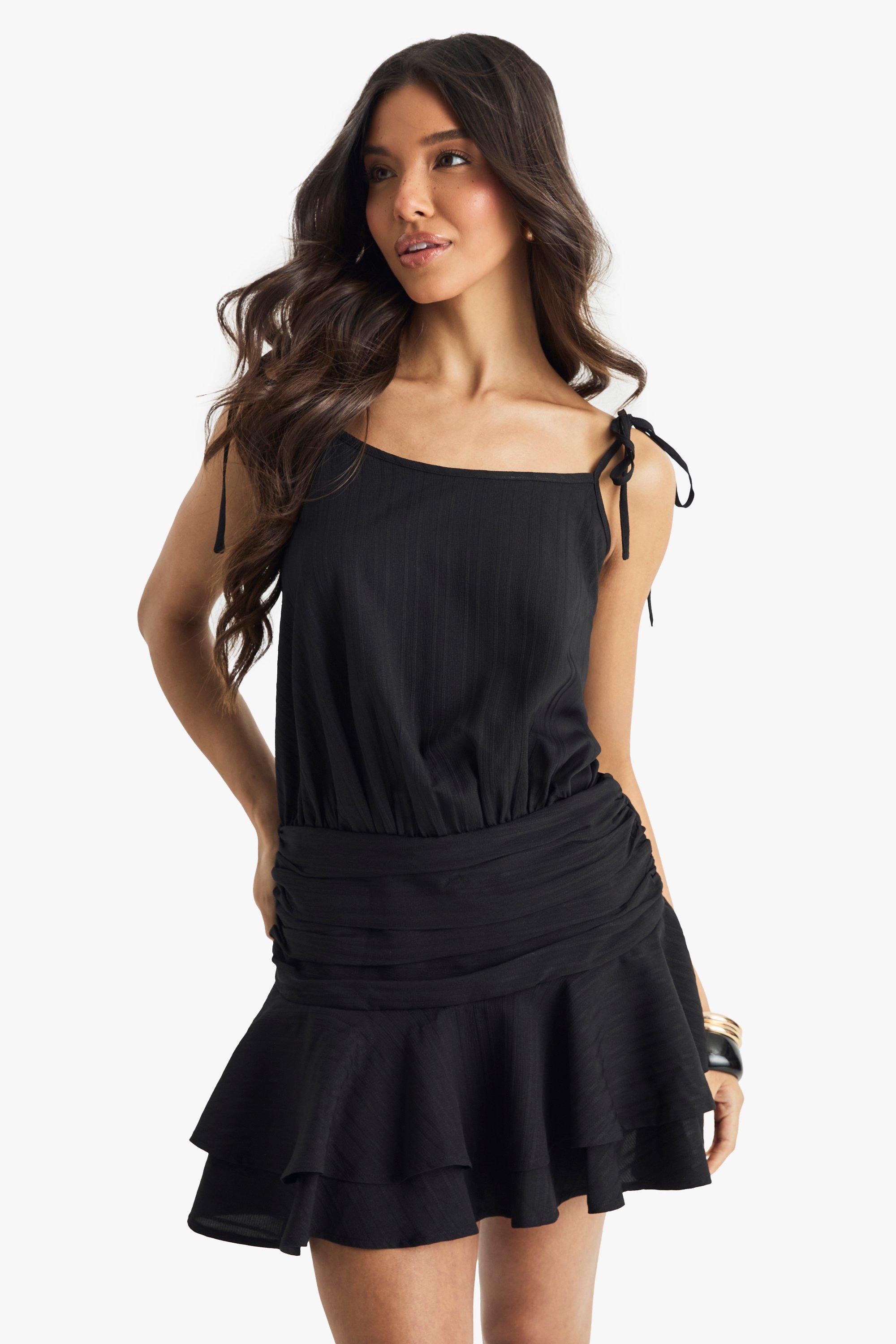 Boohoo Geplooide Mini Jurk Met Bandjes, Black