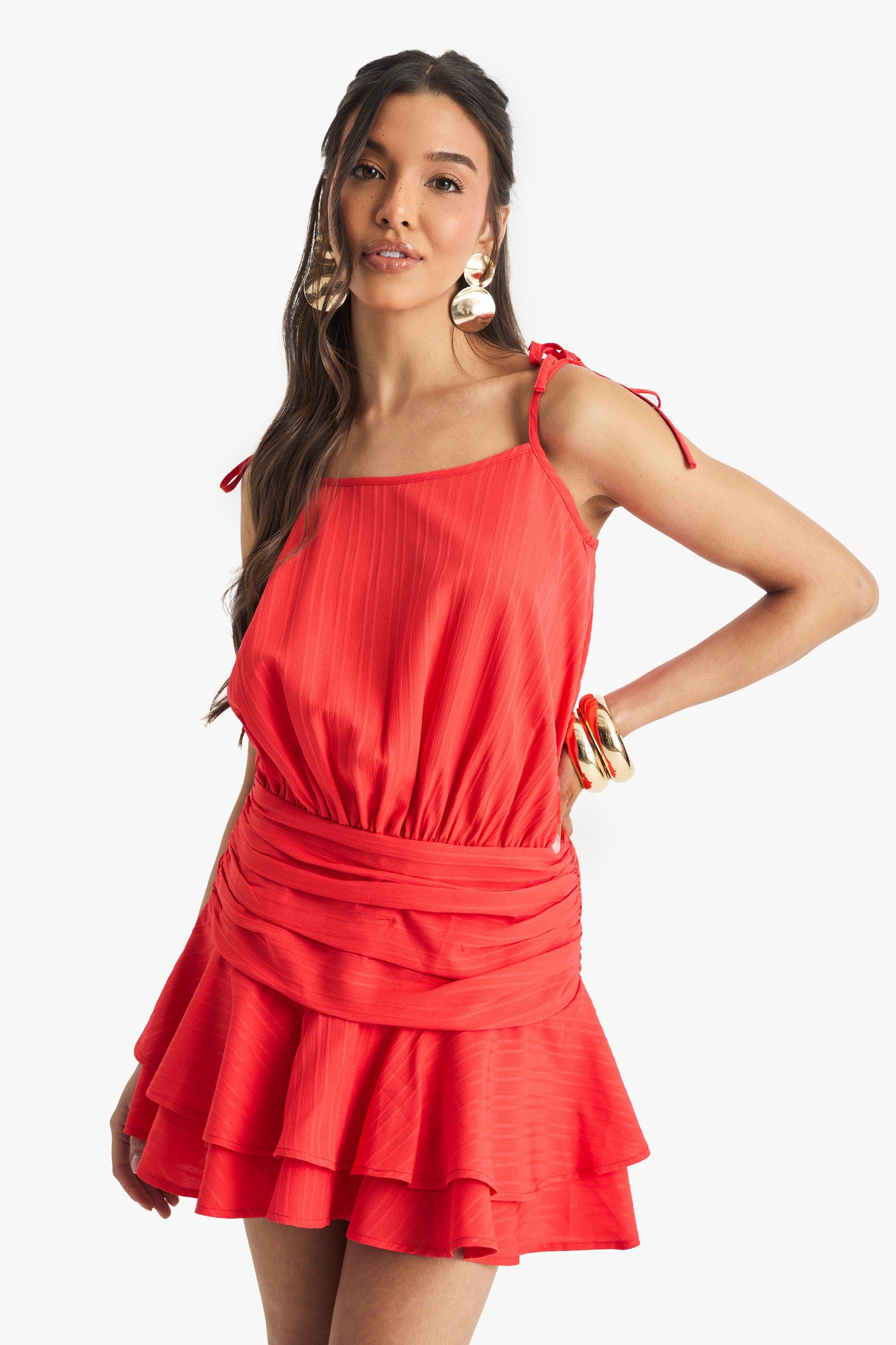 Boohoo Geplooide Mini Jurk Met Bandjes, Burnt Orange