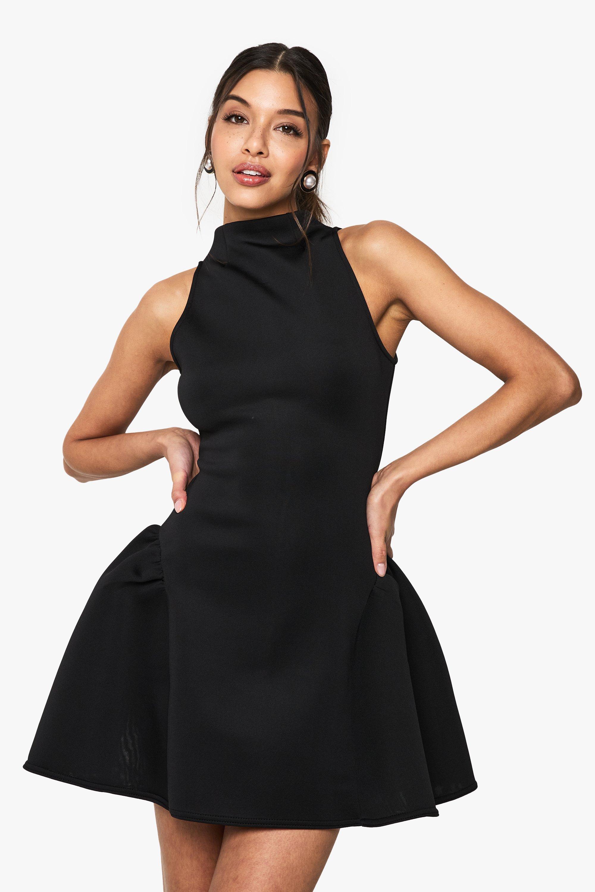 Boohoo Mini Jurk Met Racer Hals En Volume, Black