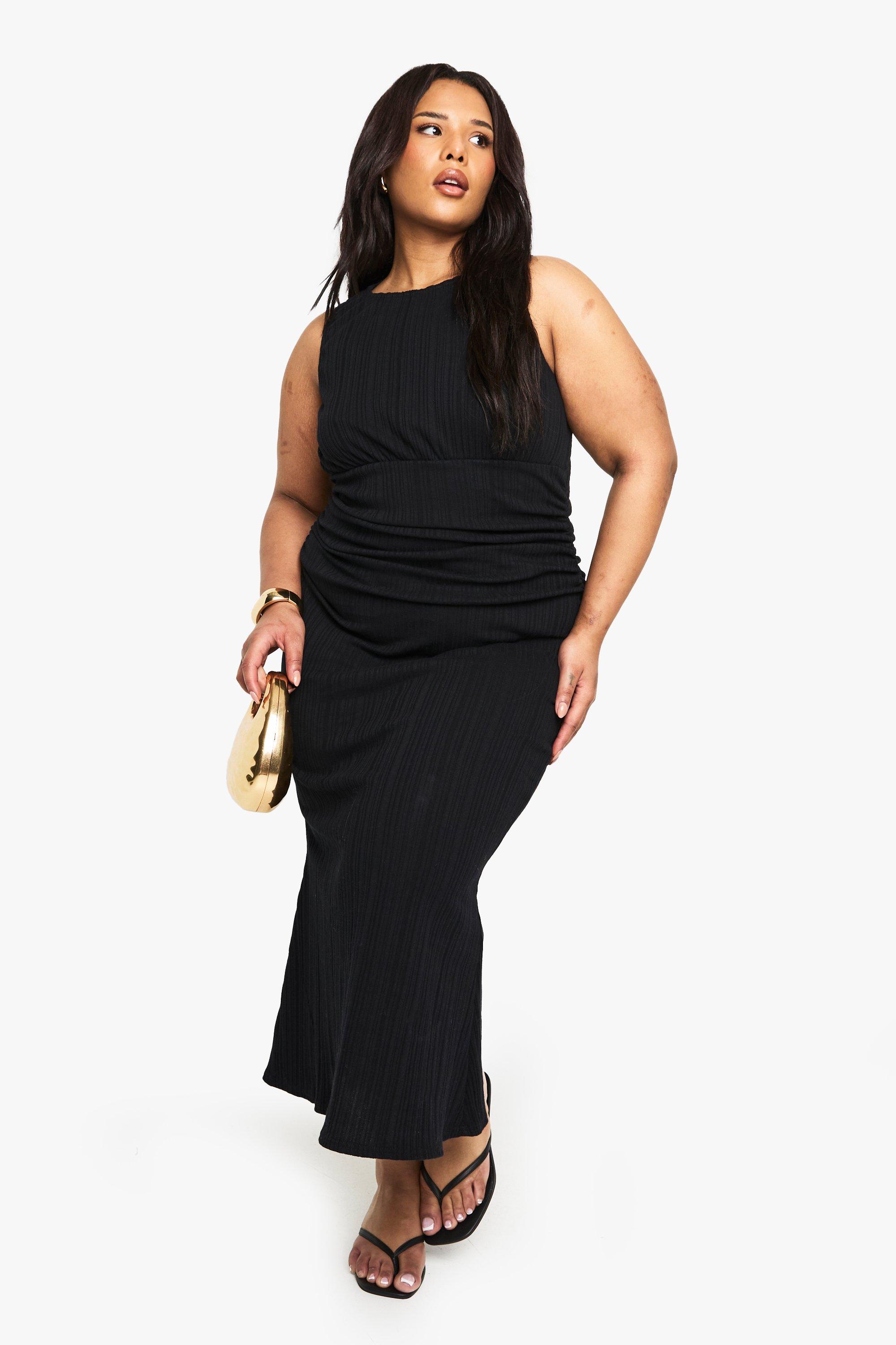Image of Vestito longuette Plus Size in cotone a coste con ruches e colonna, Nero