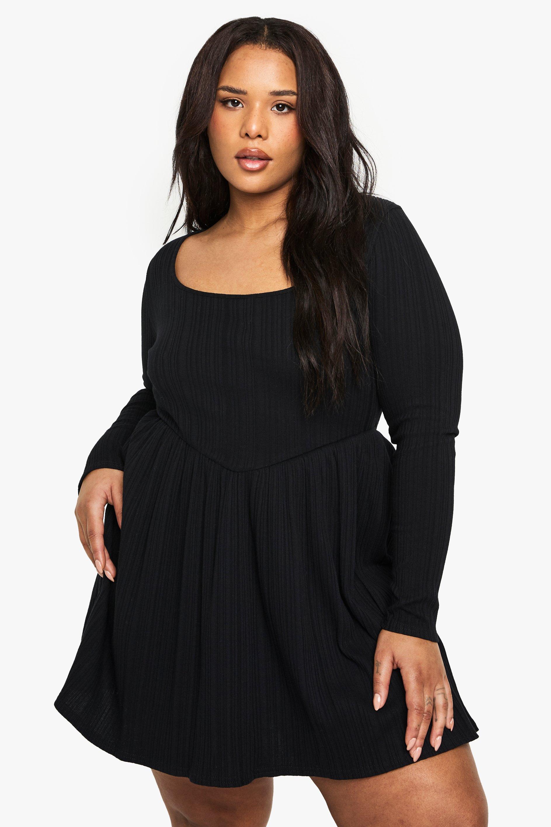 Boohoo Plus Geribbelde Katoenen Skater Jurk Met Lage Ronde Hals, Black