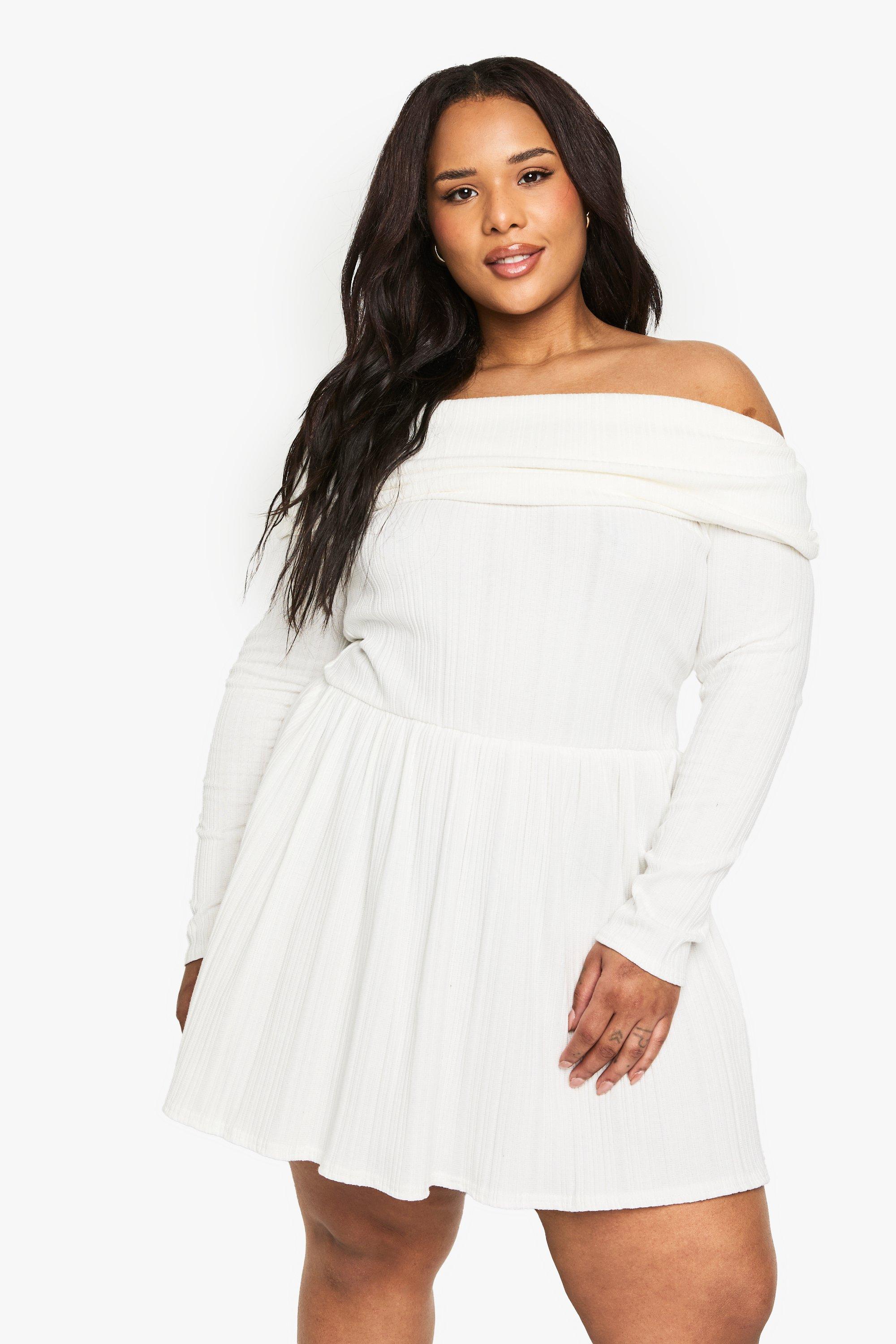 Boohoo Plus Geribbelde Katoenen Skater Jurk Met Uitgesneden Hals, Cream