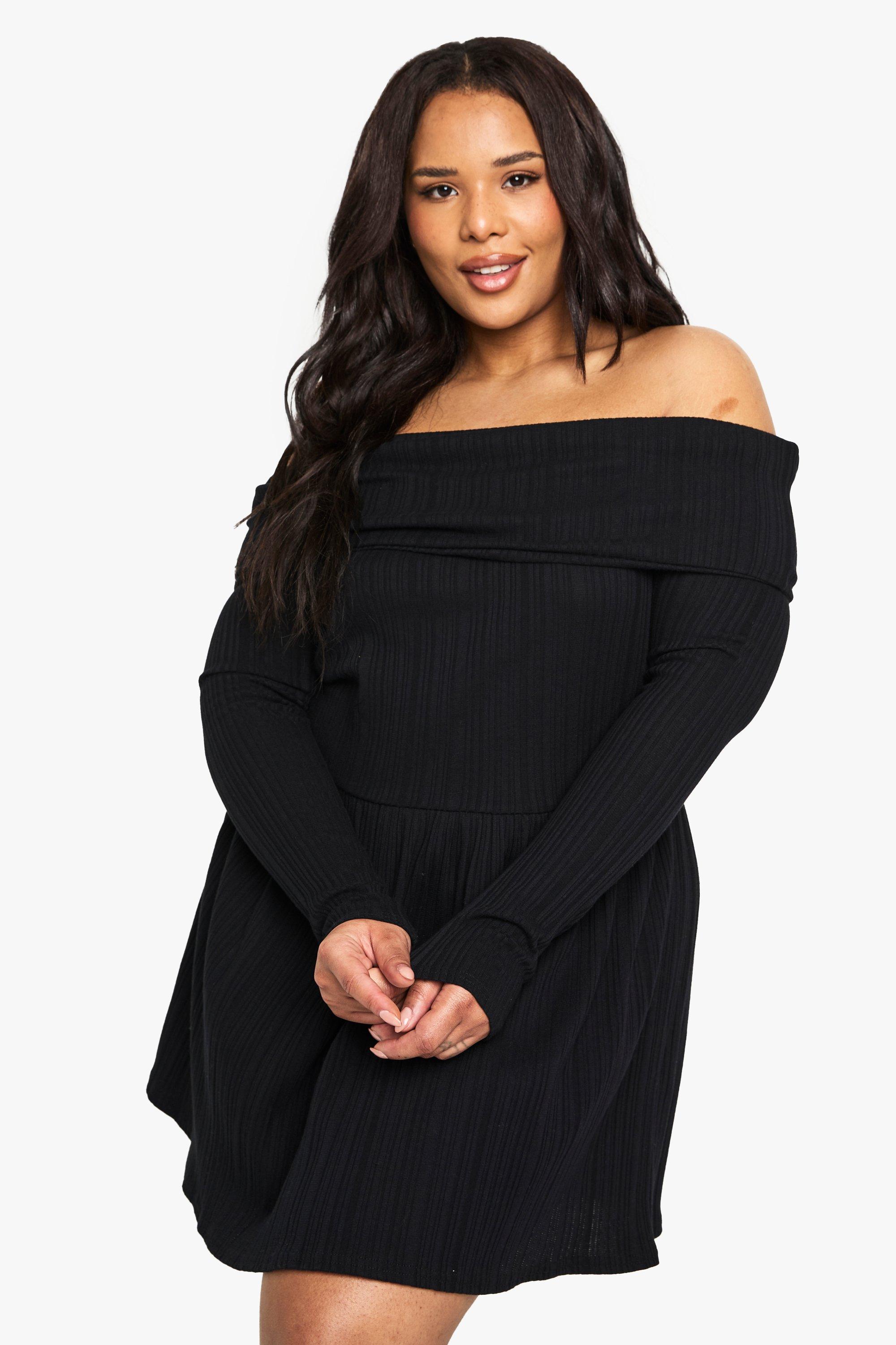 Boohoo Plus Geribbelde Katoenen Skater Jurk Met Uitgesneden Hals, Black