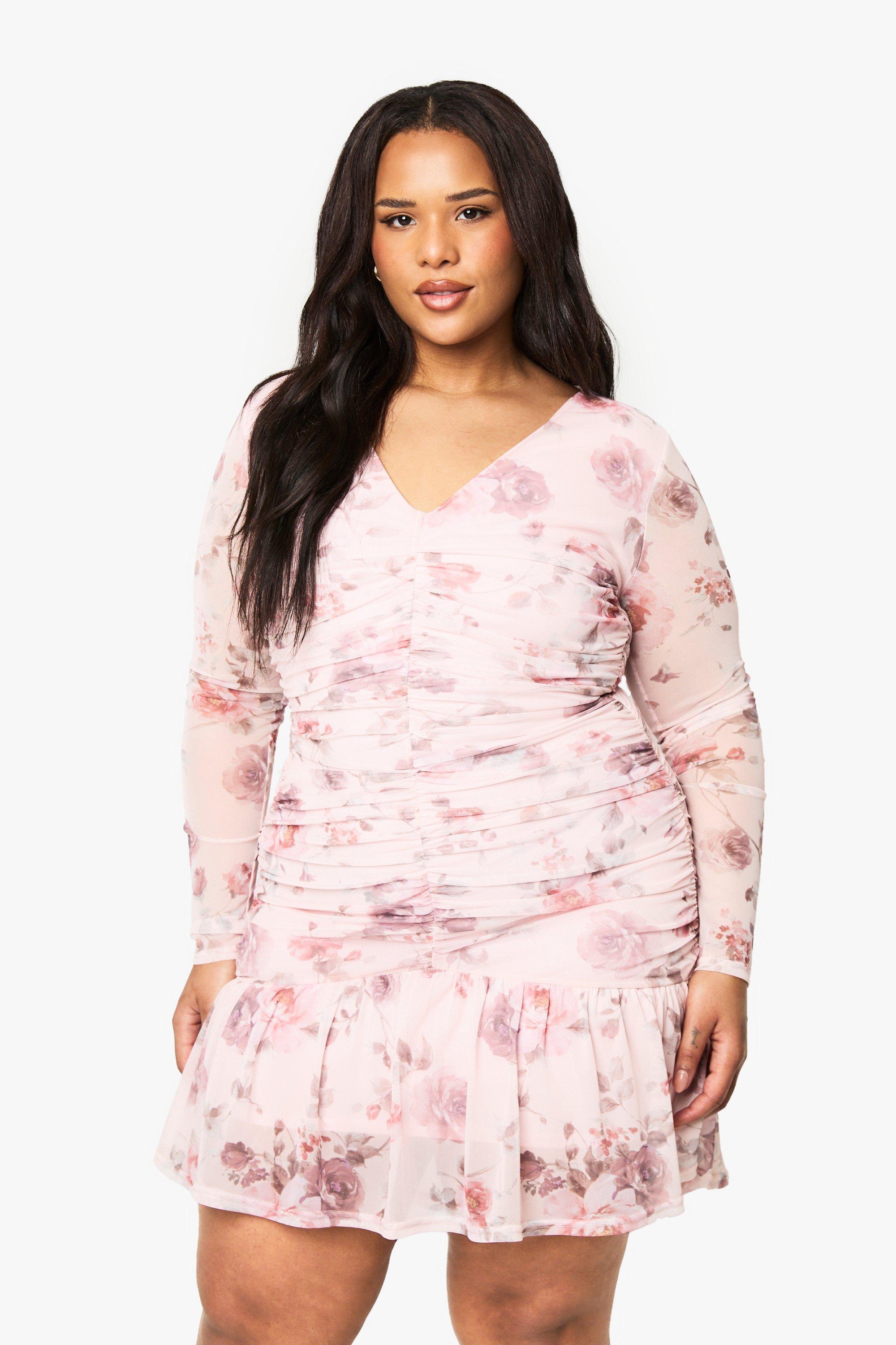 Boohoo Plus Geplooide Mesh Bloemen Mini Jurk Met Geplooide Zoom, Blush